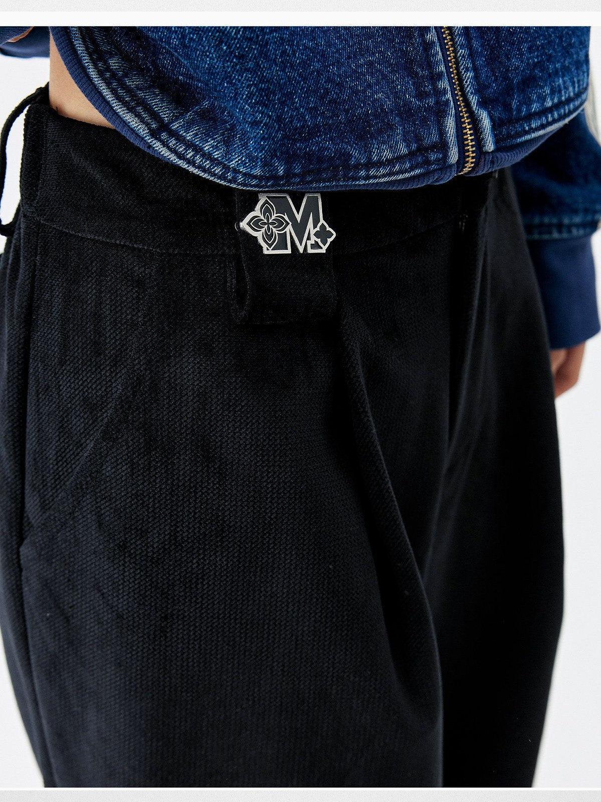 MEDM Wide Leg Corduroy Parachute Pants in Black - Detail
