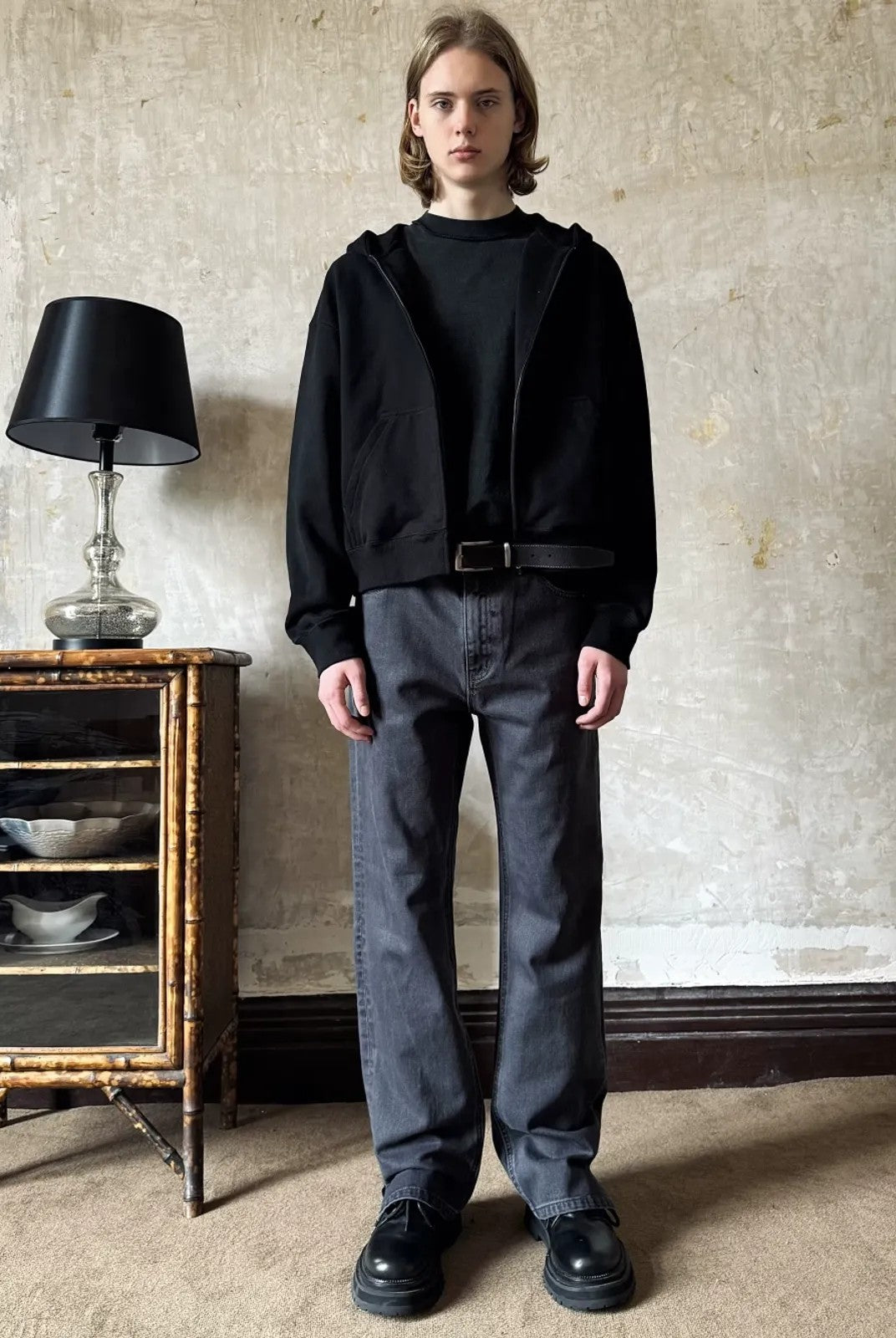 VLABMADE Garment Dyed Side Slit Jeans in Blue - On Model