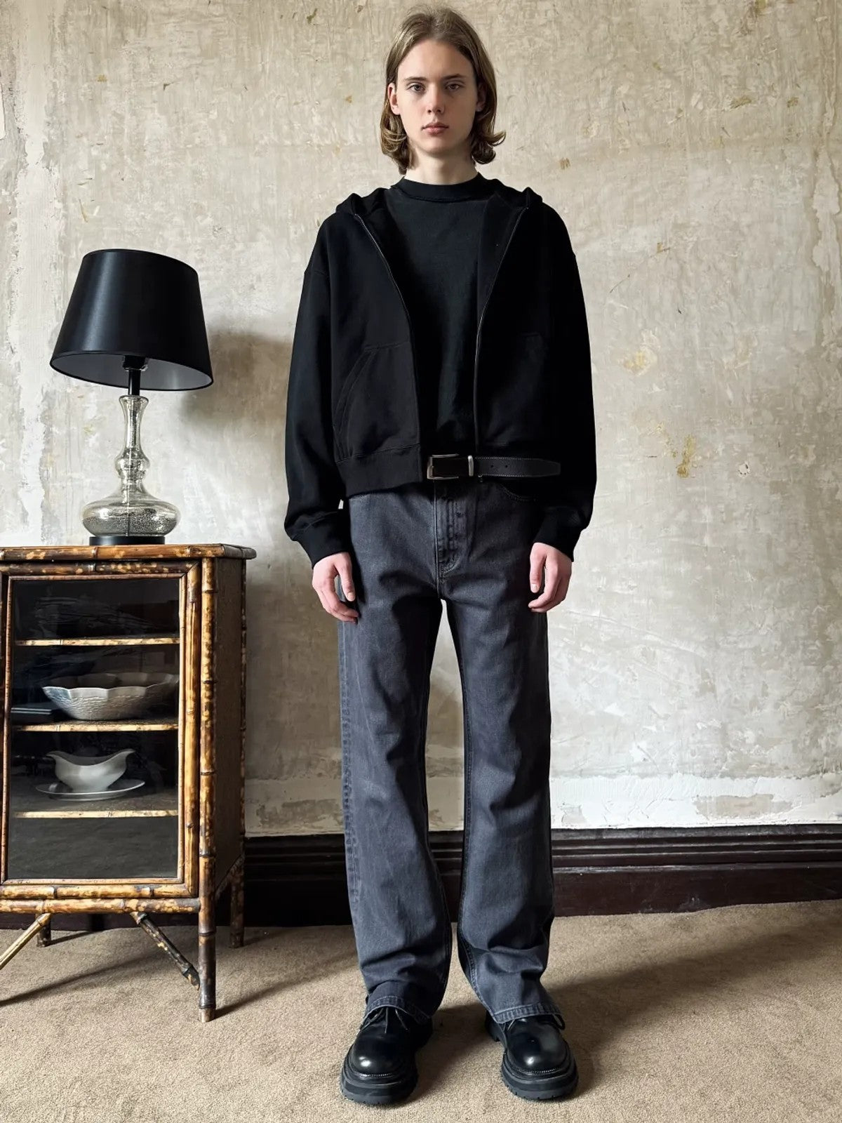 VLABMADE Garment Dyed Side Slit Jeans in Blue - On Model