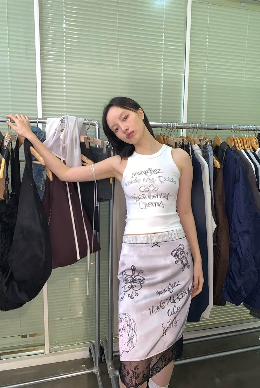 NeverSeez Graffiti Print Lace Trim Skirt in Gray - On Model