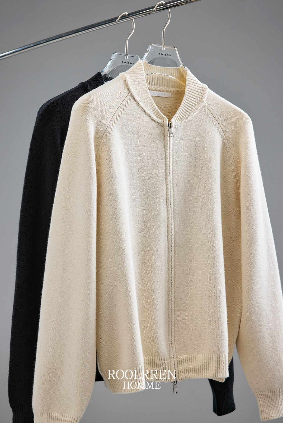 Roolrren Homme Cashmere Wool Cotton Zip Cardigan in White
