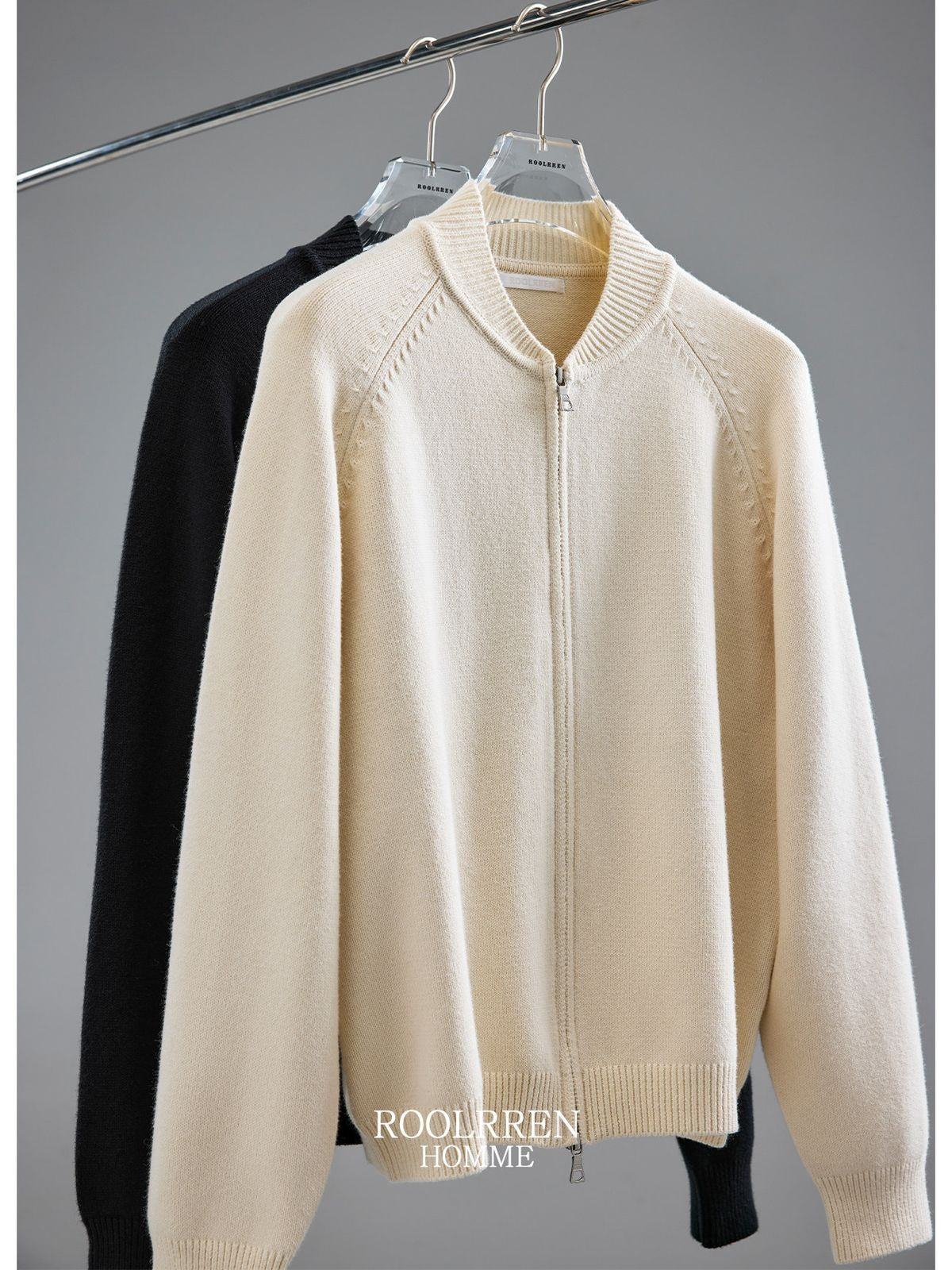 Roolrren Homme Cashmere Wool Cotton Zip Cardigan in White