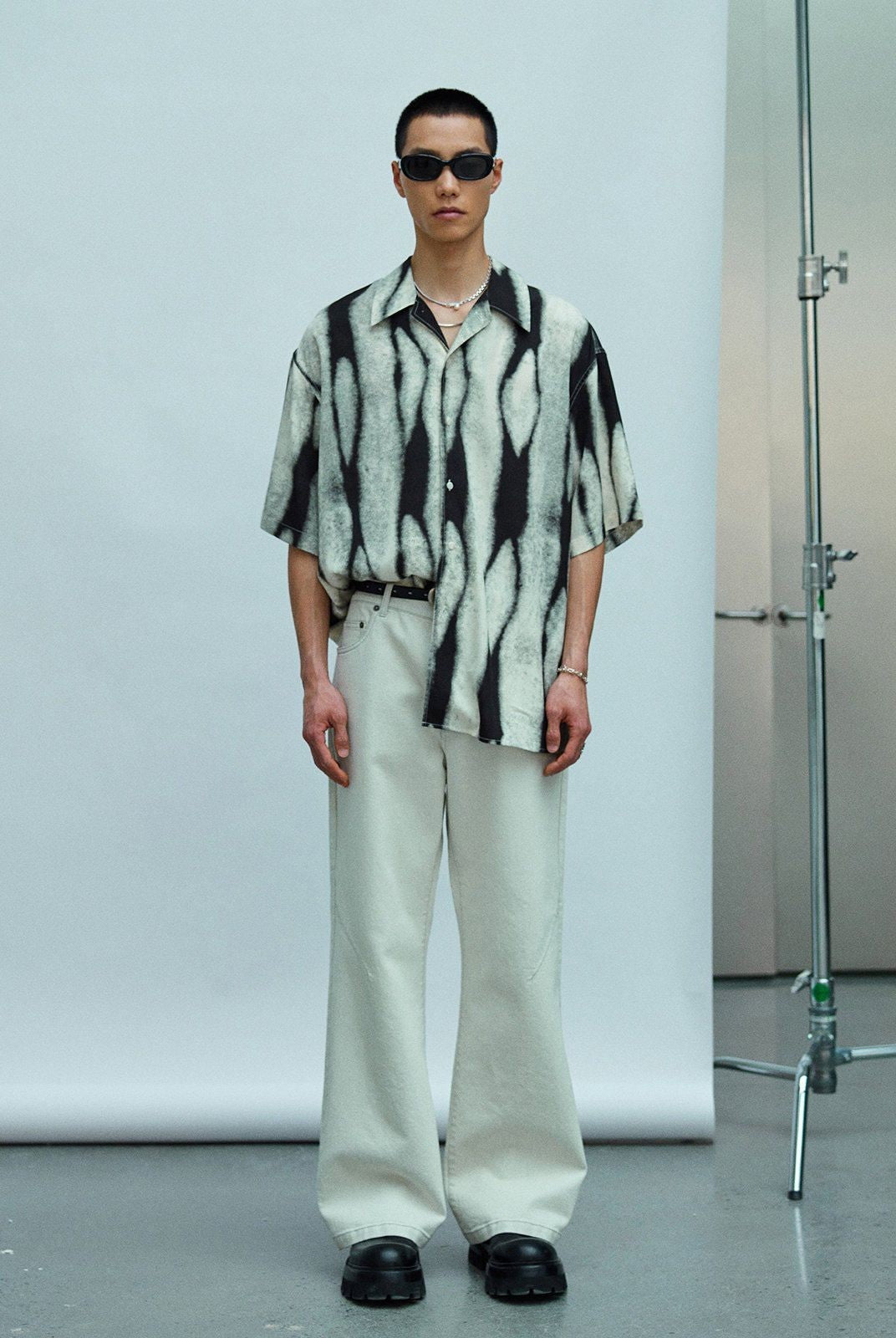 NANS Ink Splash Print Cuban Collar Shirt in Black - On Model