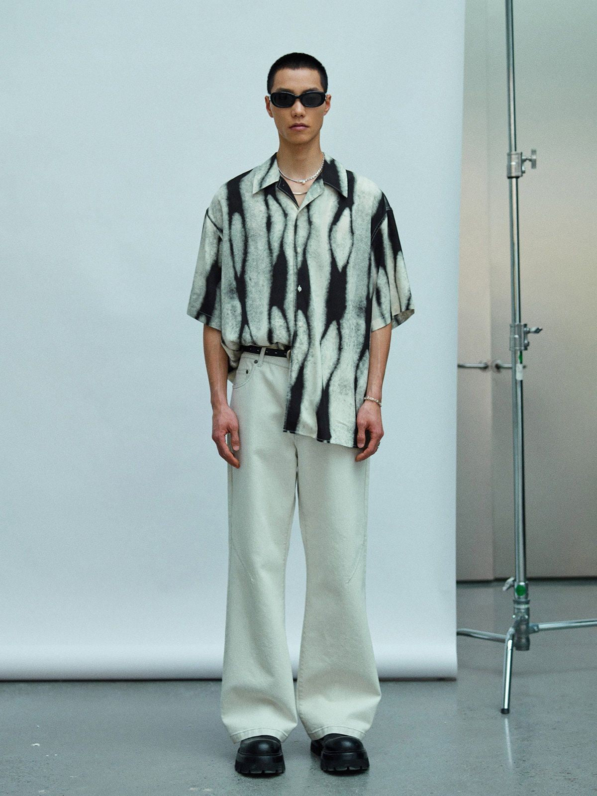 NANS Ink Splash Print Cuban Collar Shirt in Black - On Model