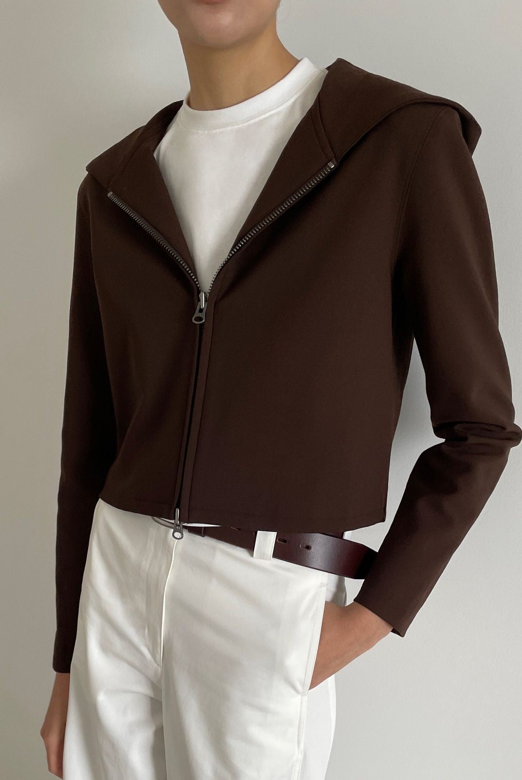 Alright then Hooded Wool Double Zip Jacket in Brown - On Model