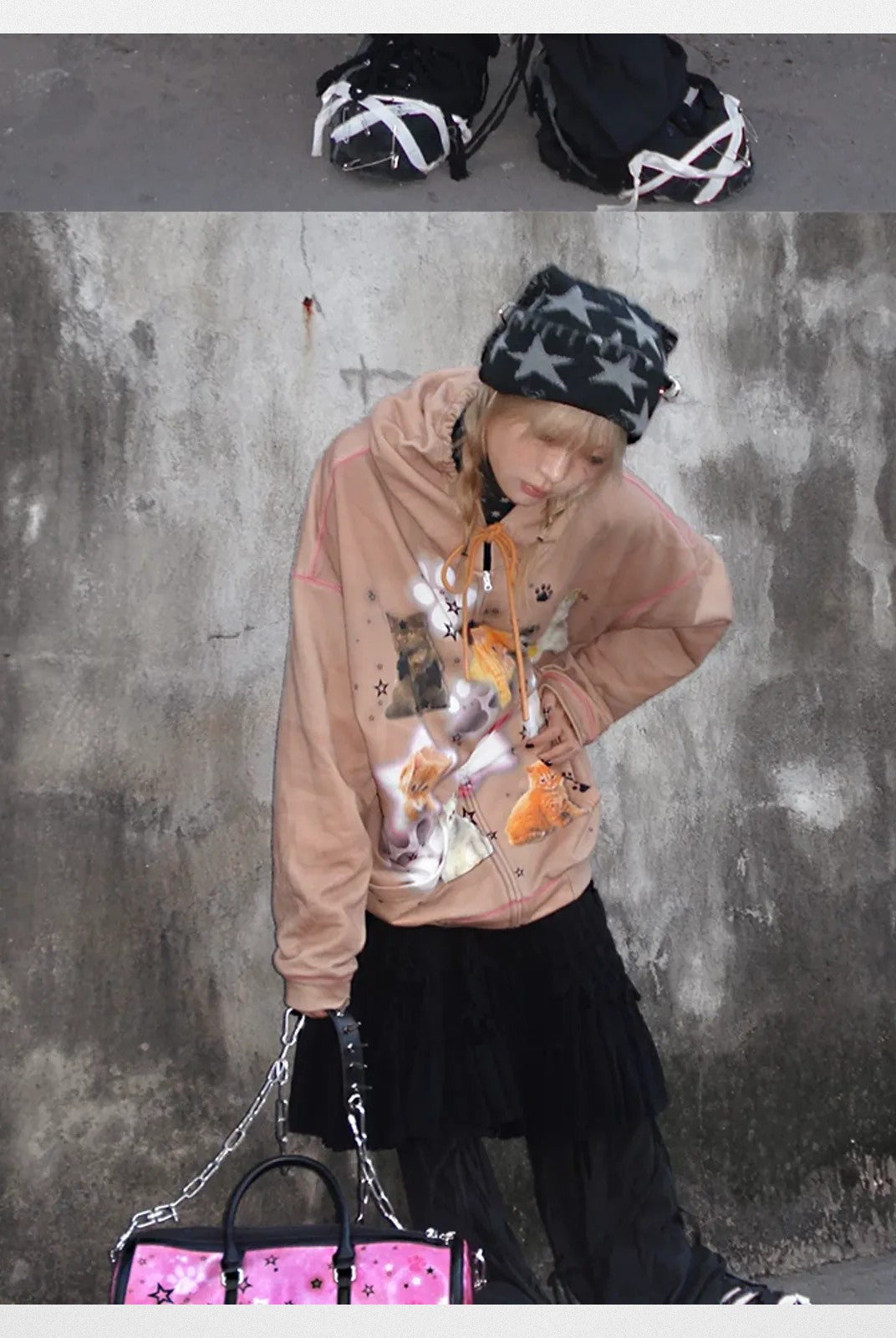 CFIERCE Spiked Cat Print Cage Bag in Red