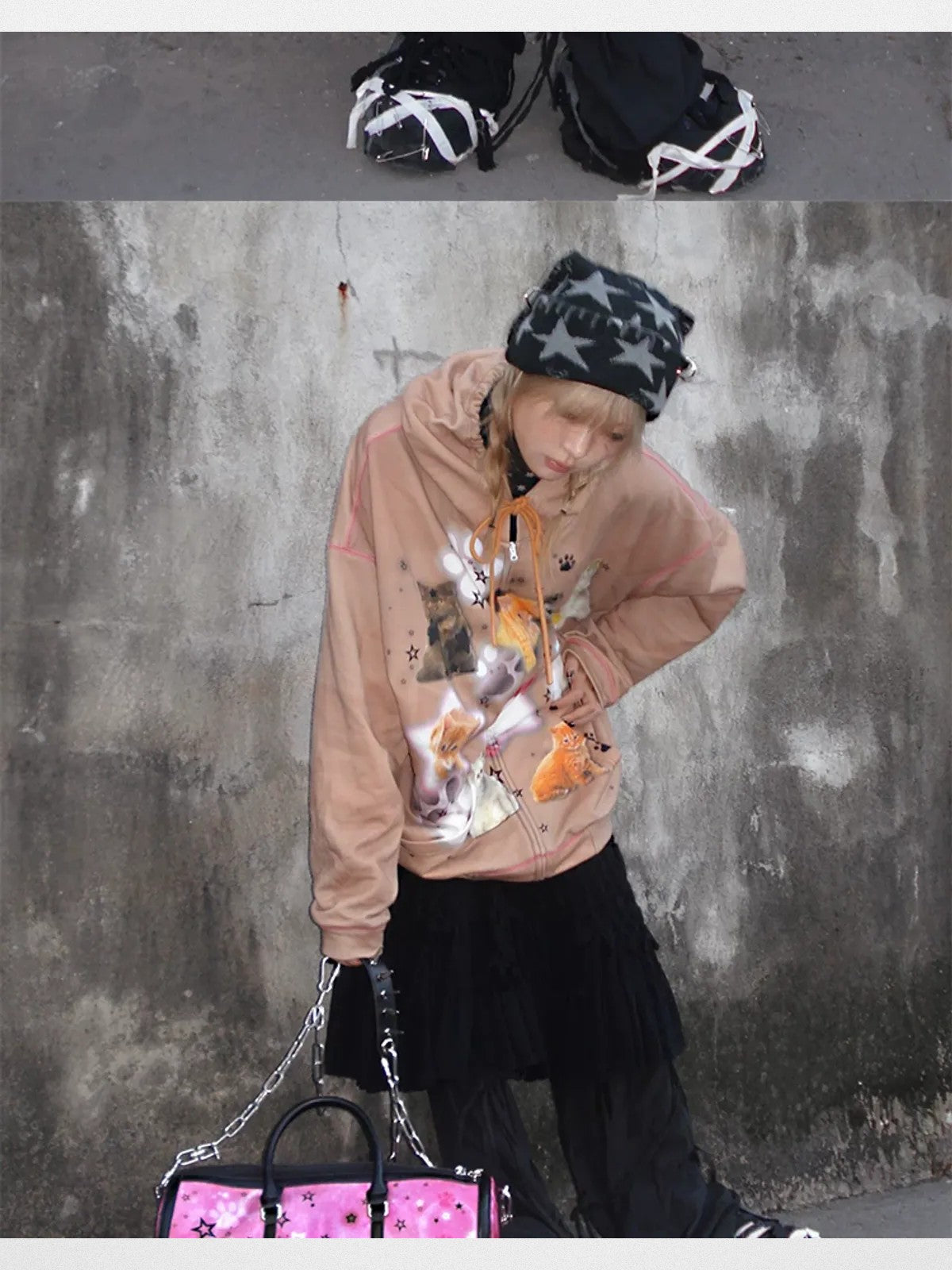 CFIERCE Spiked Cat Print Cage Bag in Red