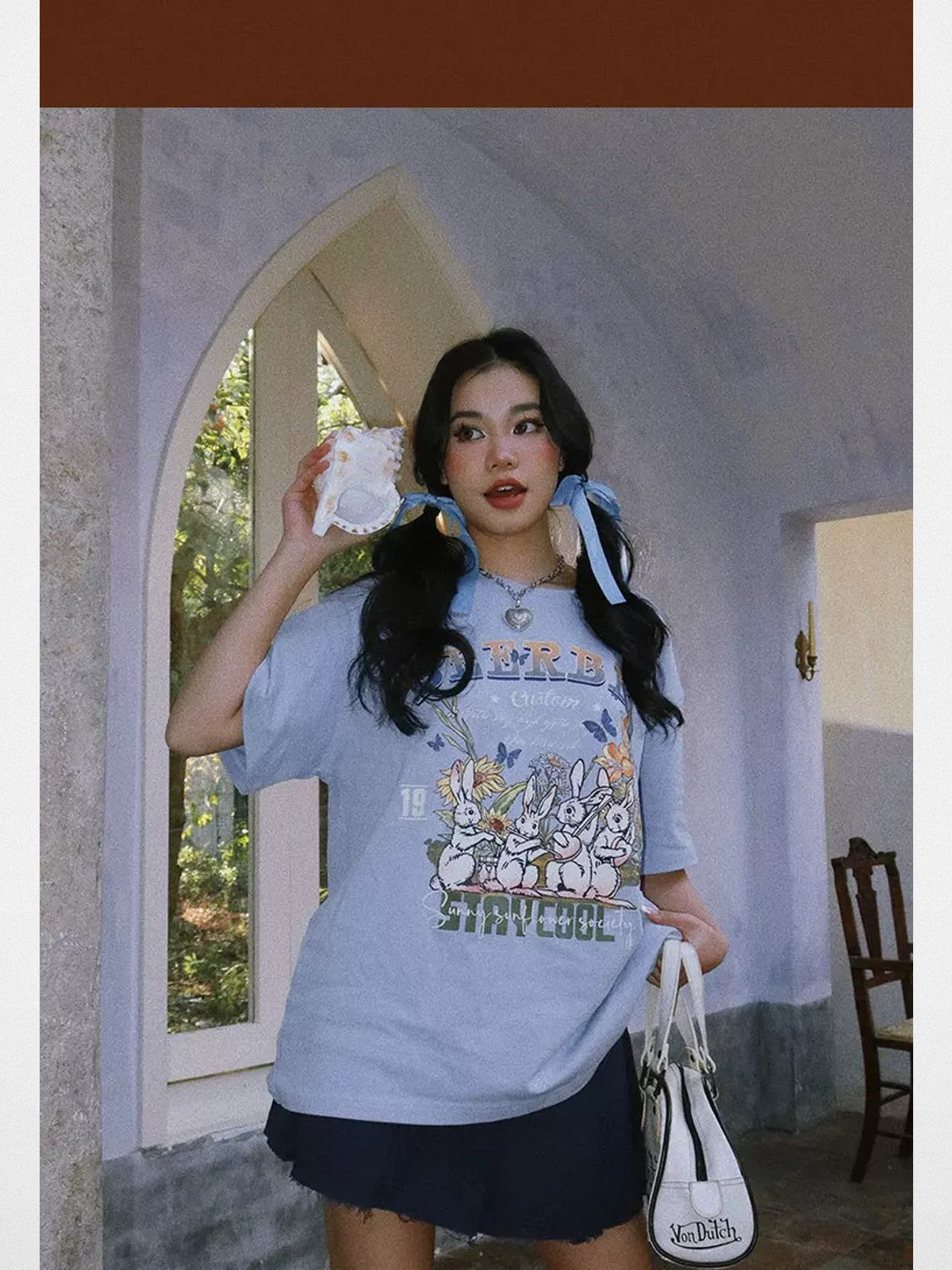 BeerBro Rabbit Graphic Oversized T Shirt in Sky Blue - On Model