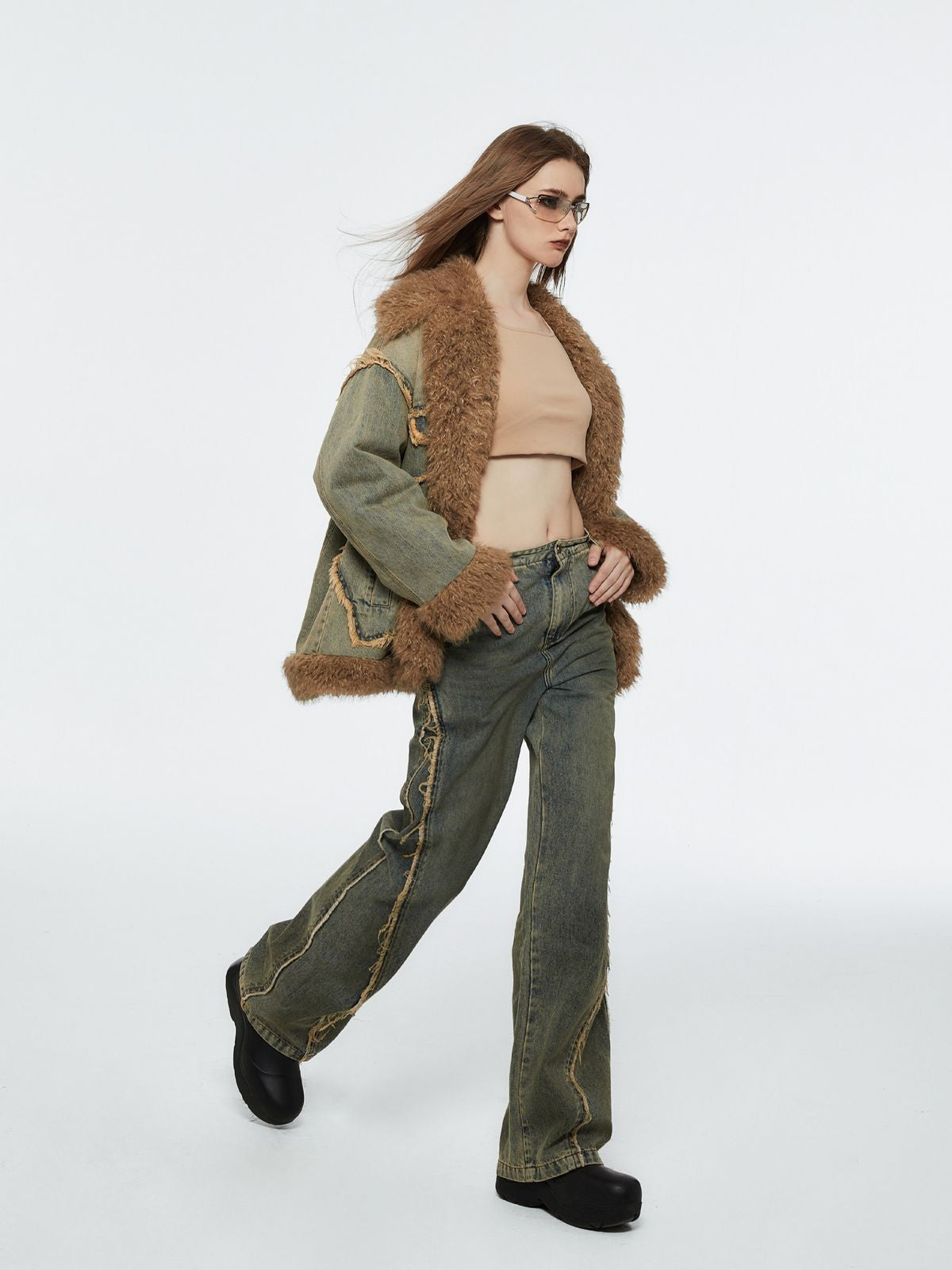 Amee Faux Fur Patchwork Denim Jacket in Denim - On Model