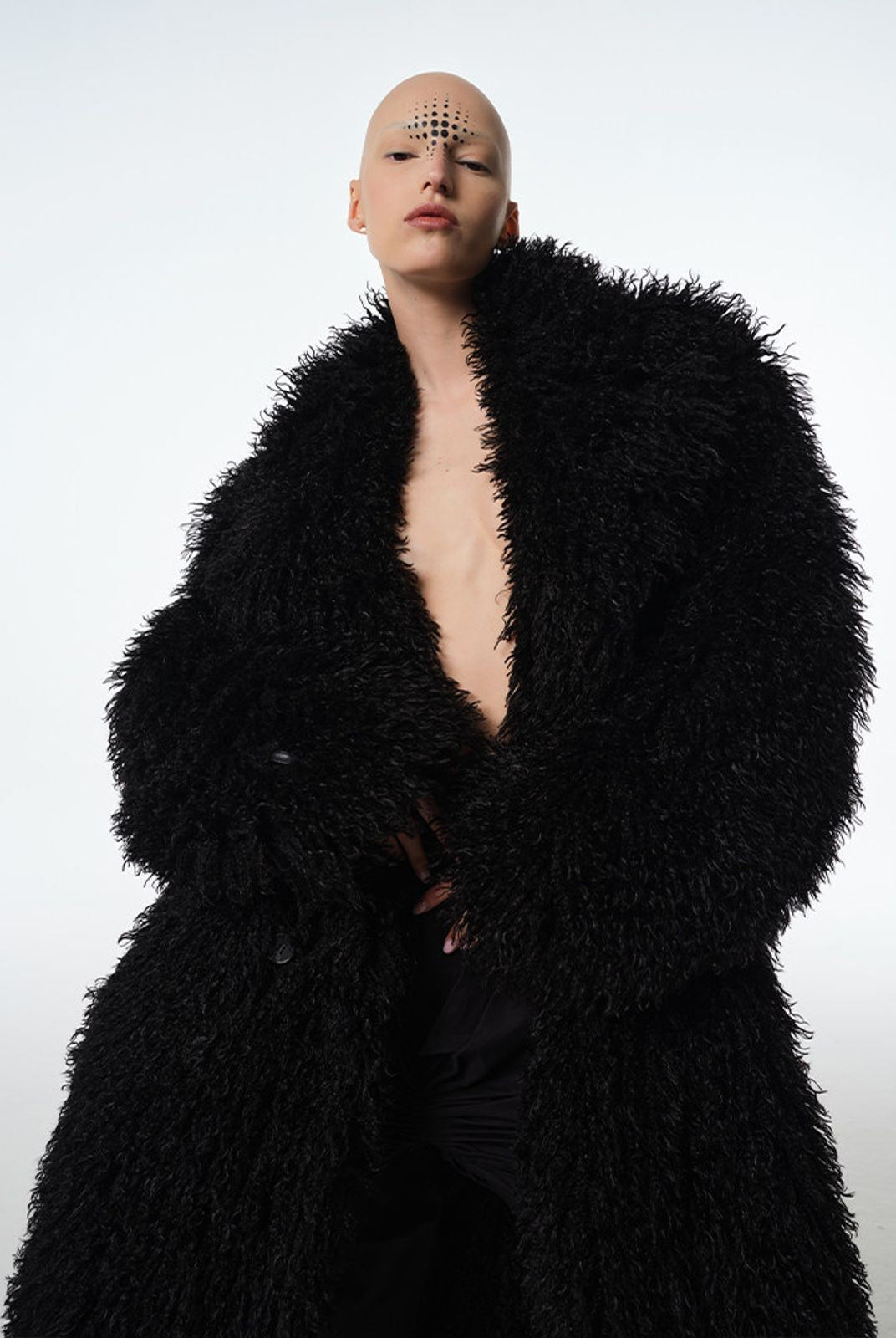 Triangle Project Oversized Long Pile Faux Fur Coat in Black - On Model