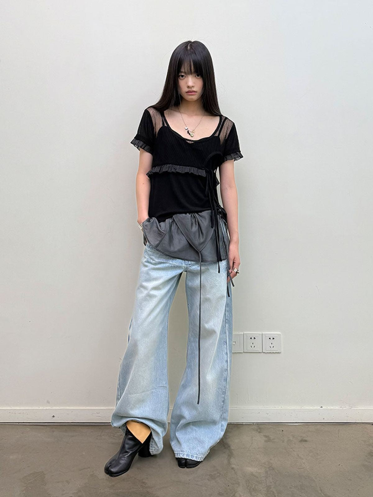 NeverSeez Washed Embroidered Wide Leg Jeans in Blue - On Model