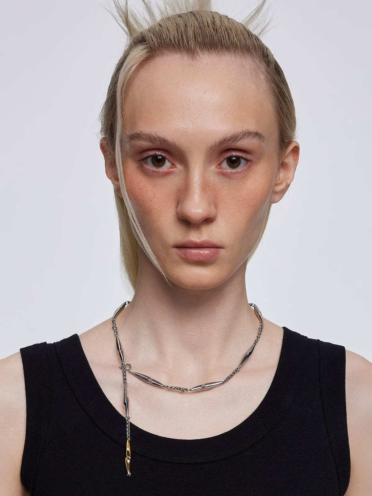 BLACKHEAD Two Tone Lightning Bolt Necklace in Gray - On Female Model