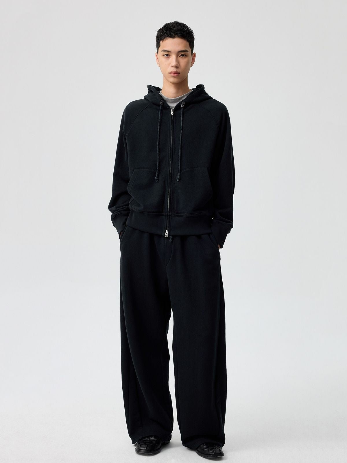 Simple Project Cotton Blend Zip Up Hoodie in Navy Blue - On Male Model