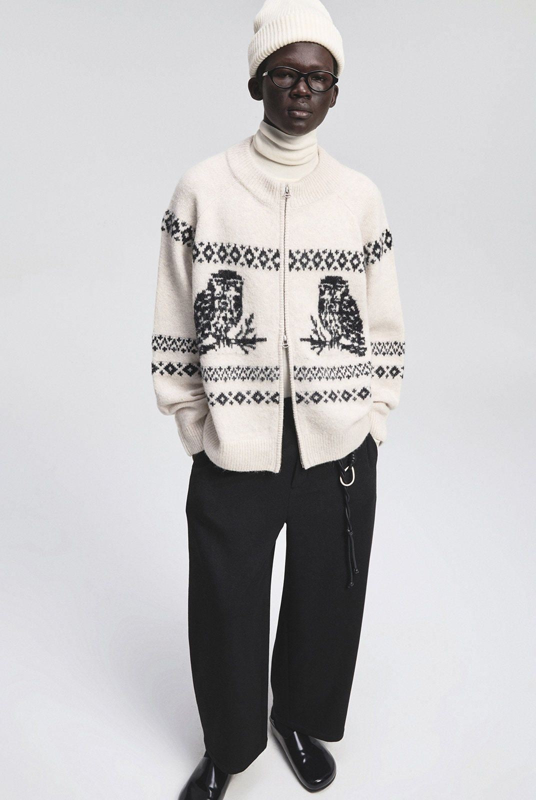 NANS Alpaca Blend Animal Jacquard Cardigan in White - On Model