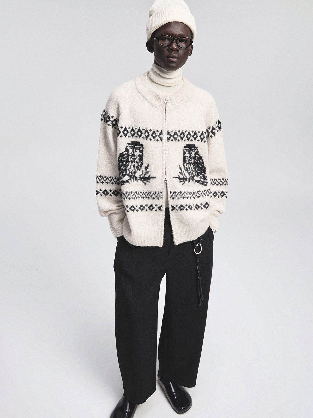 NANS Alpaca Blend Animal Jacquard Cardigan in White - On Model