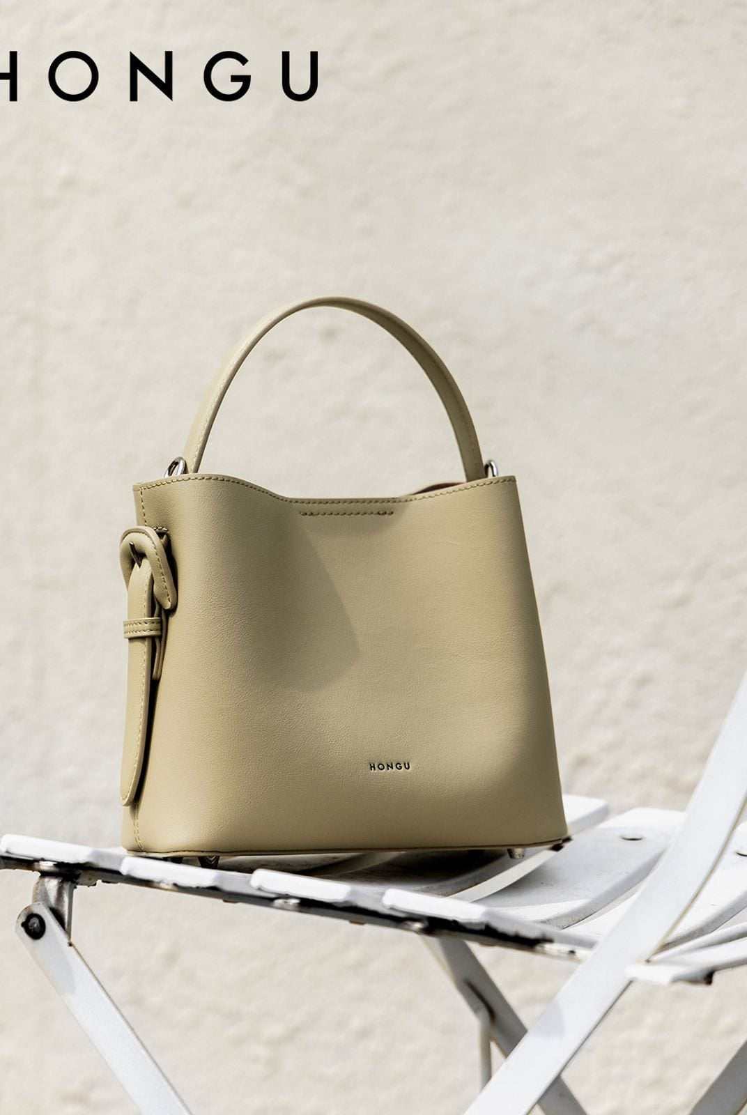 HONGU Leather Shoulder Bucket Bag in Beige - Lifestyle
