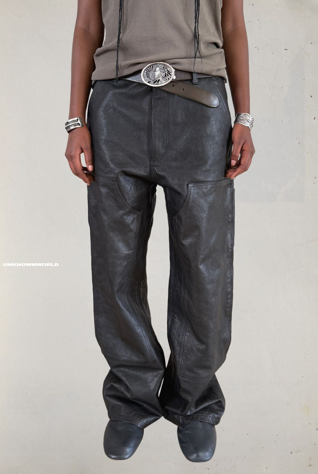 UNKNOWNWORLD Horsehide Double Knee Work Pants in Black - On Model