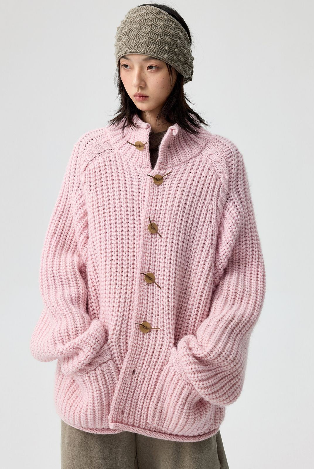 Simple Project Chunky Wool Blend High Neck Cardigan in Pink - On Female Model