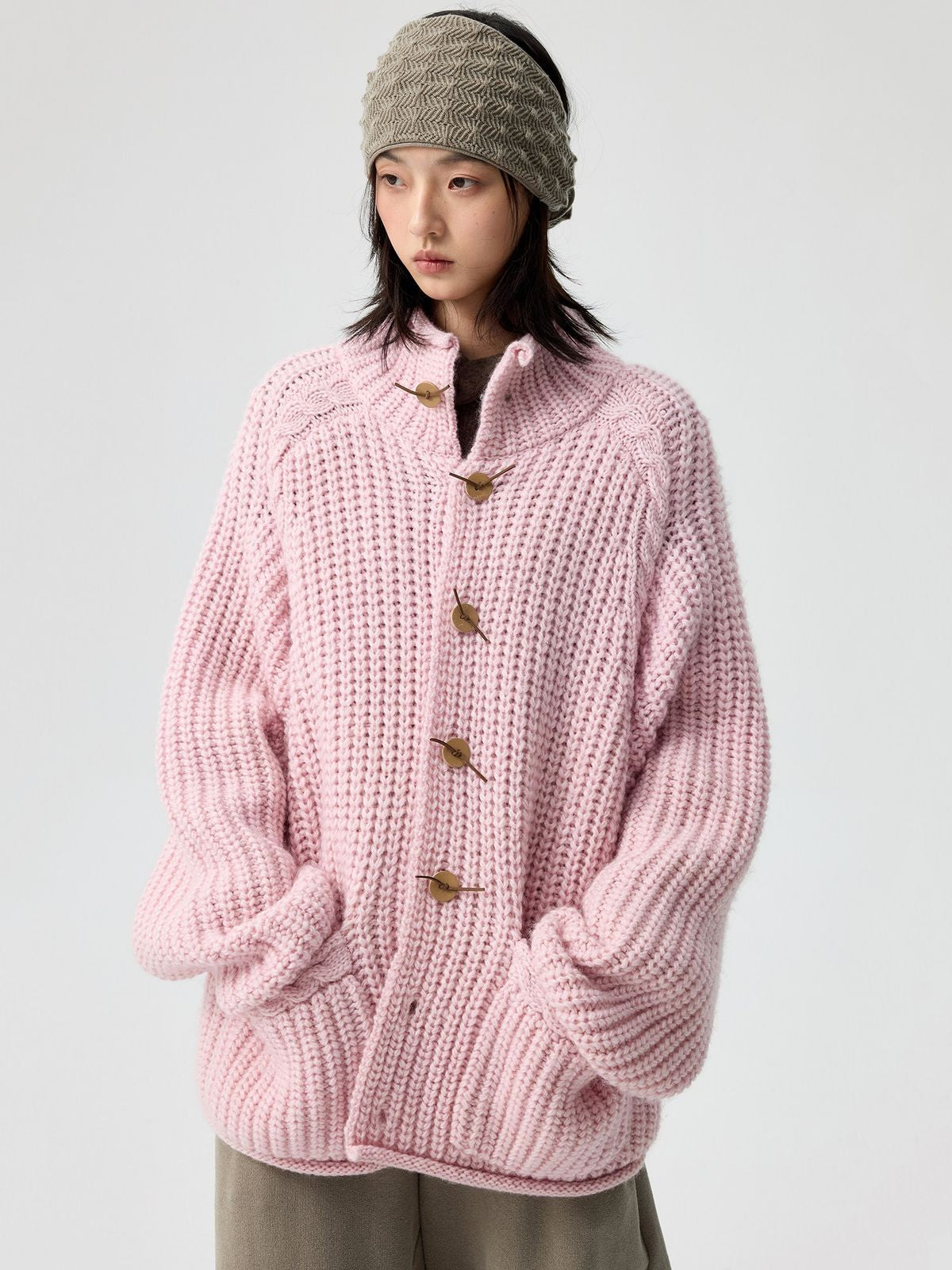 Simple Project Chunky Wool Blend High Neck Cardigan in Pink - On Female Model