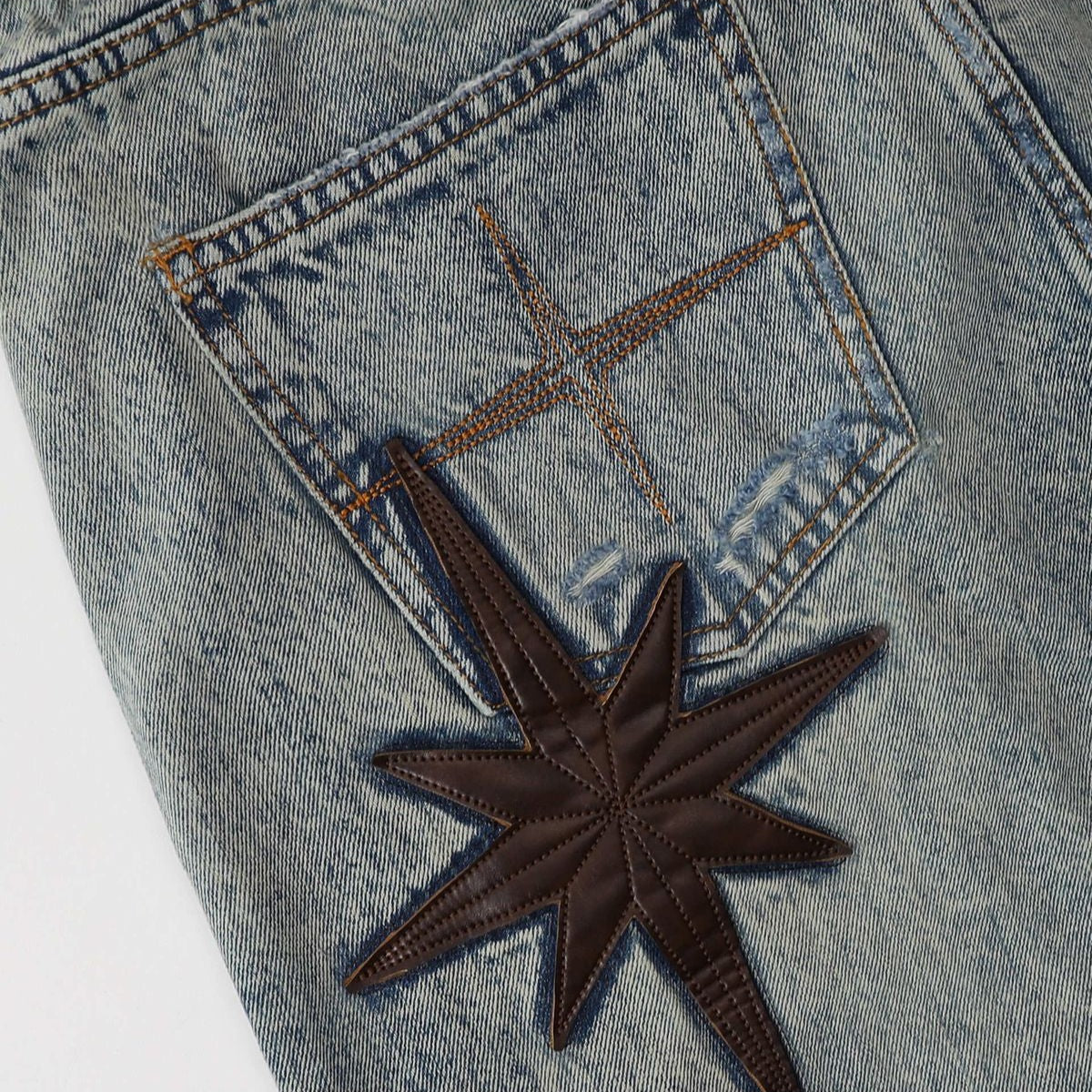 BADSEED Star Patch Denim Bermuda Shorts in Light Blue - Detail