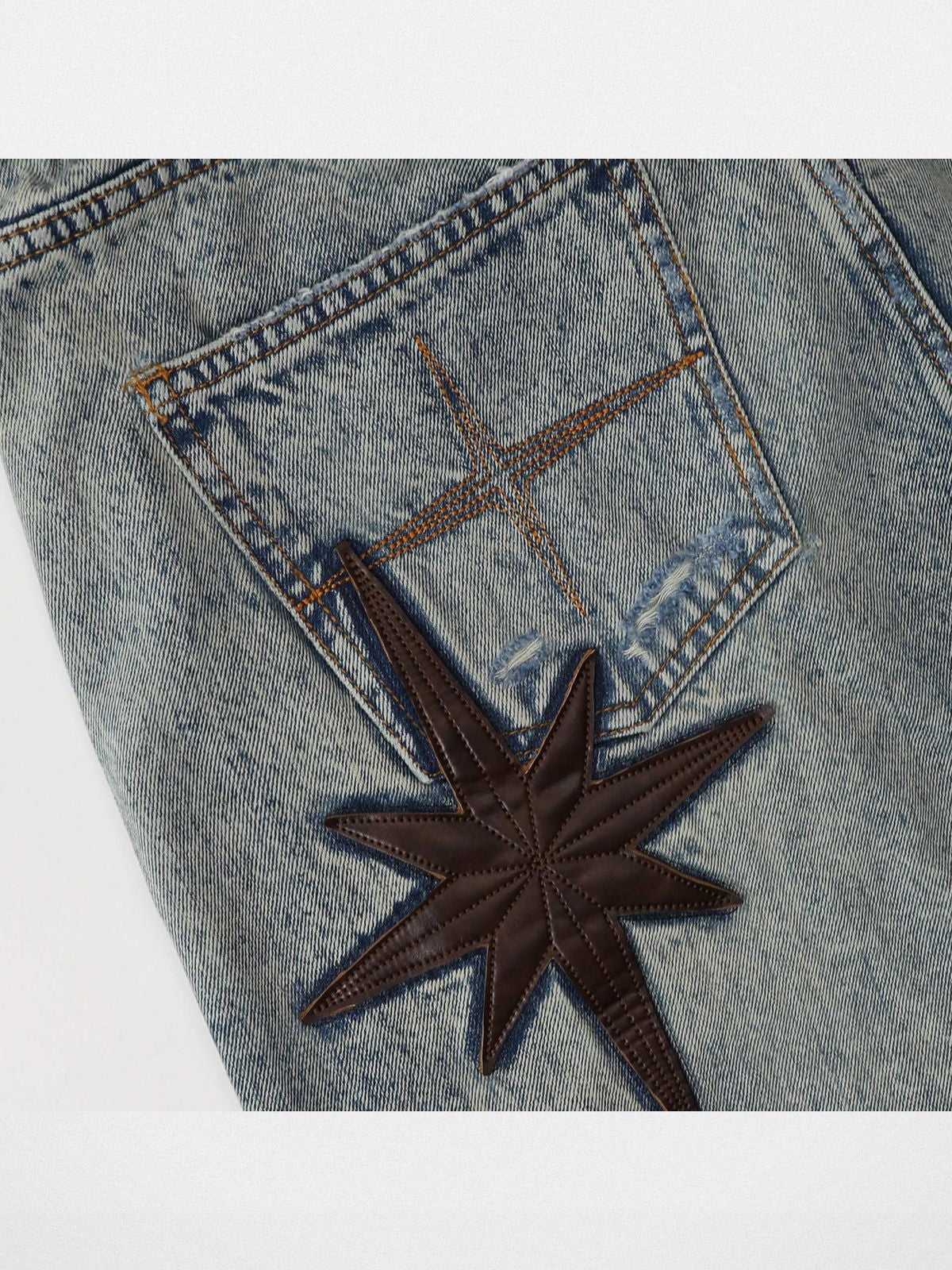 BADSEED Star Patch Denim Bermuda Shorts in Light Blue - Detail