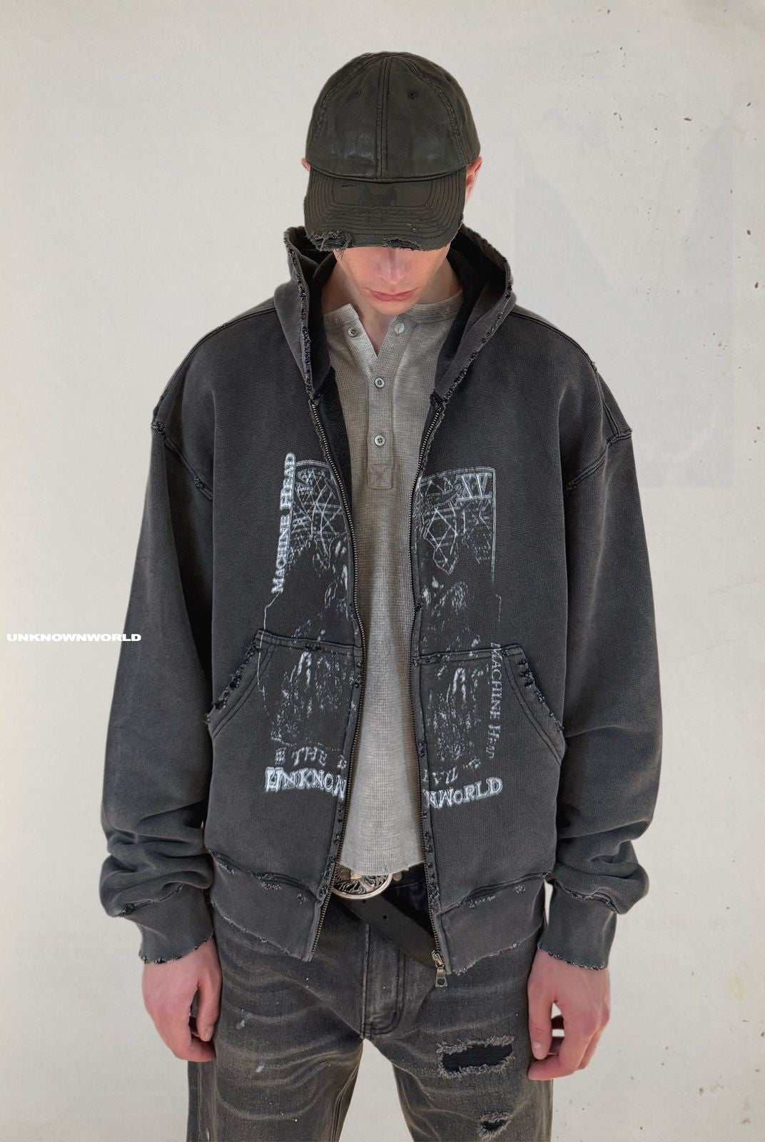 UNKNOWNWORLD Distressed Mechanical Print Hoodie in Black - On Model