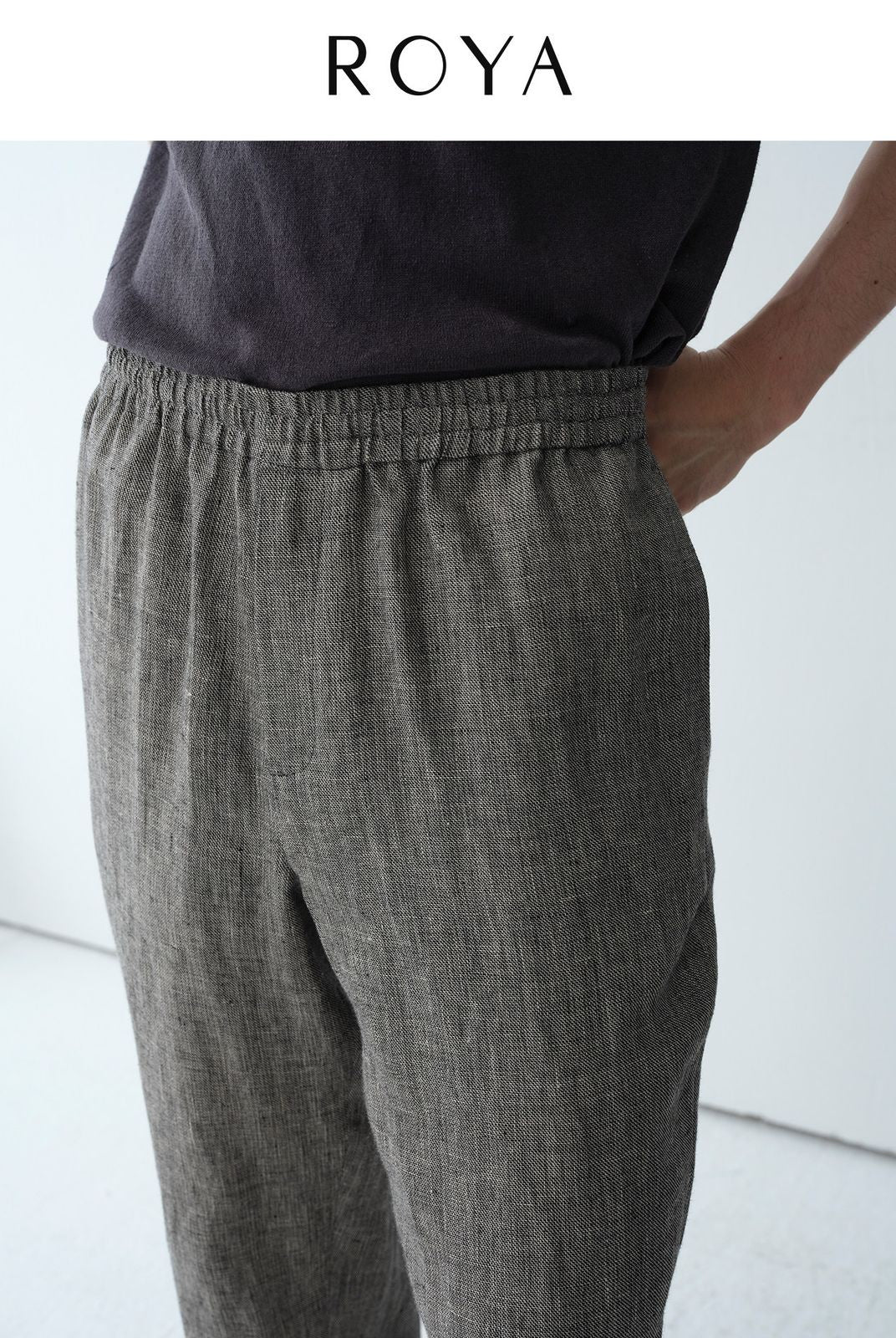 ROYA Elastic Waist Wide Leg Linen Trousers in Gray - On Model