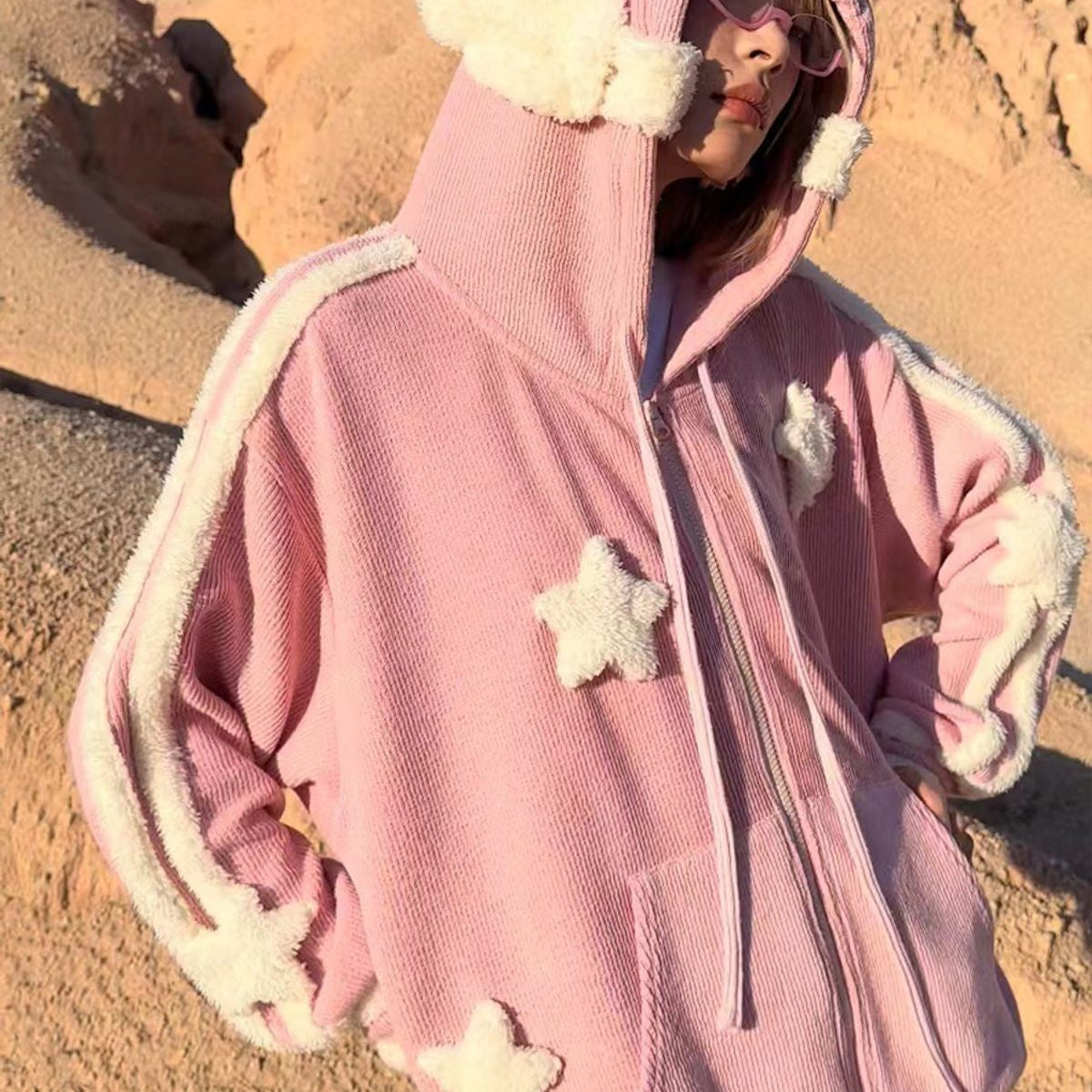 CFIERCE Angel Wing Star Knit Zip Hoodie in Red - On Model