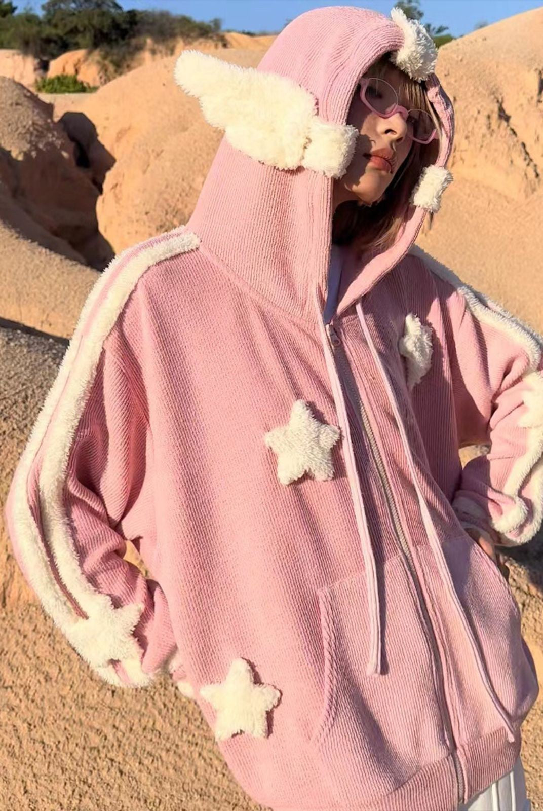 CFIERCE Angel Wing Star Knit Zip Hoodie in Red - On Model