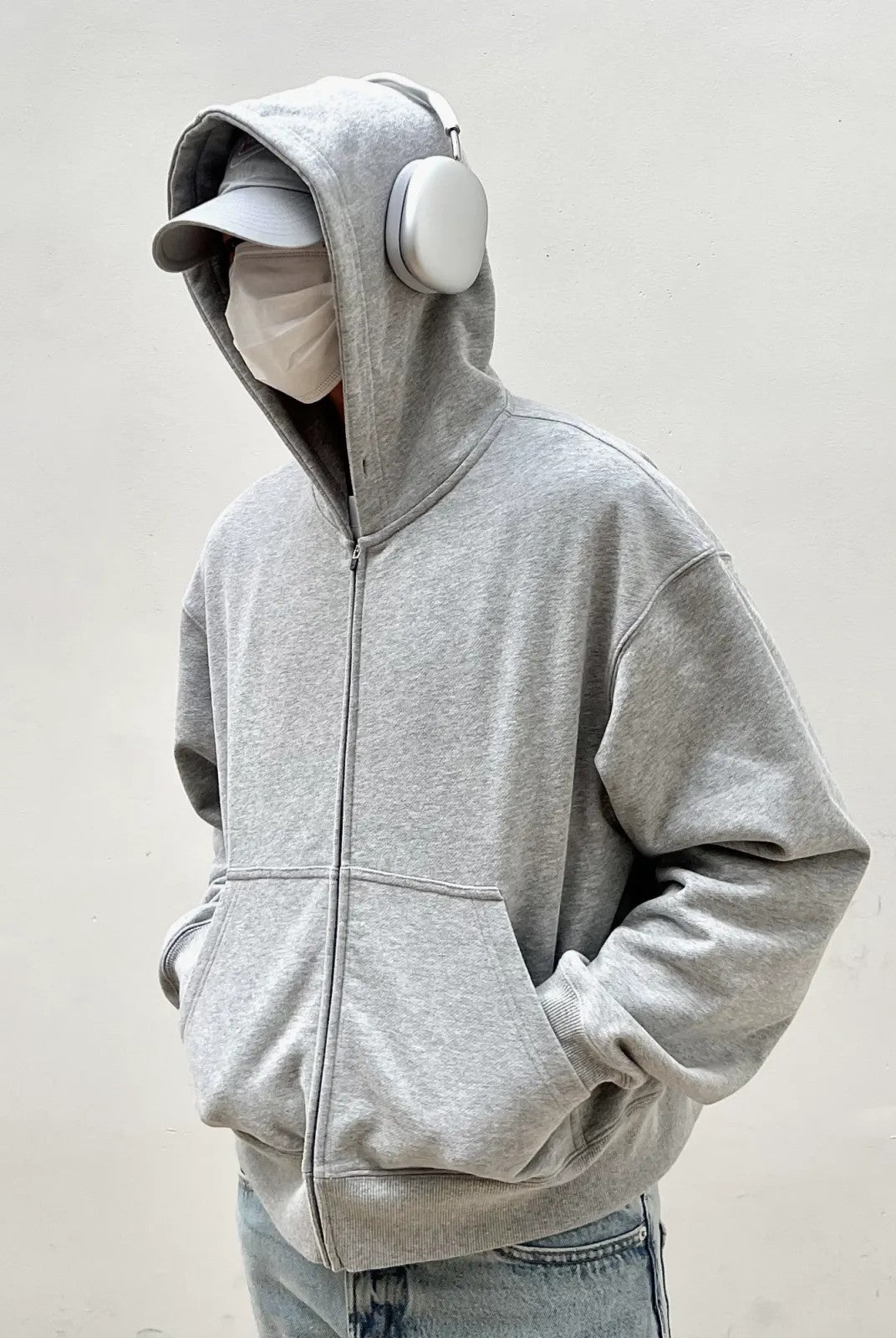 VLABMADE Boxy Cropped Zip Up Hoodie in Gray - On Model