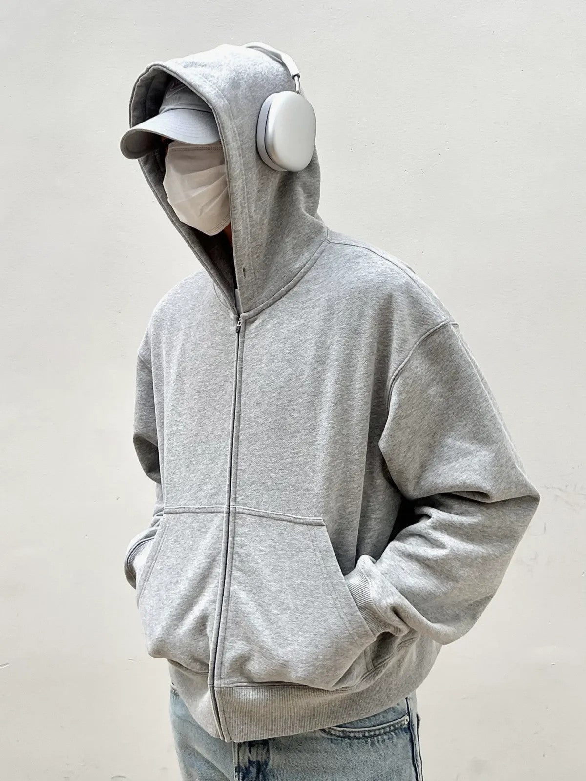 VLABMADE Boxy Cropped Zip Up Hoodie in Gray - On Model