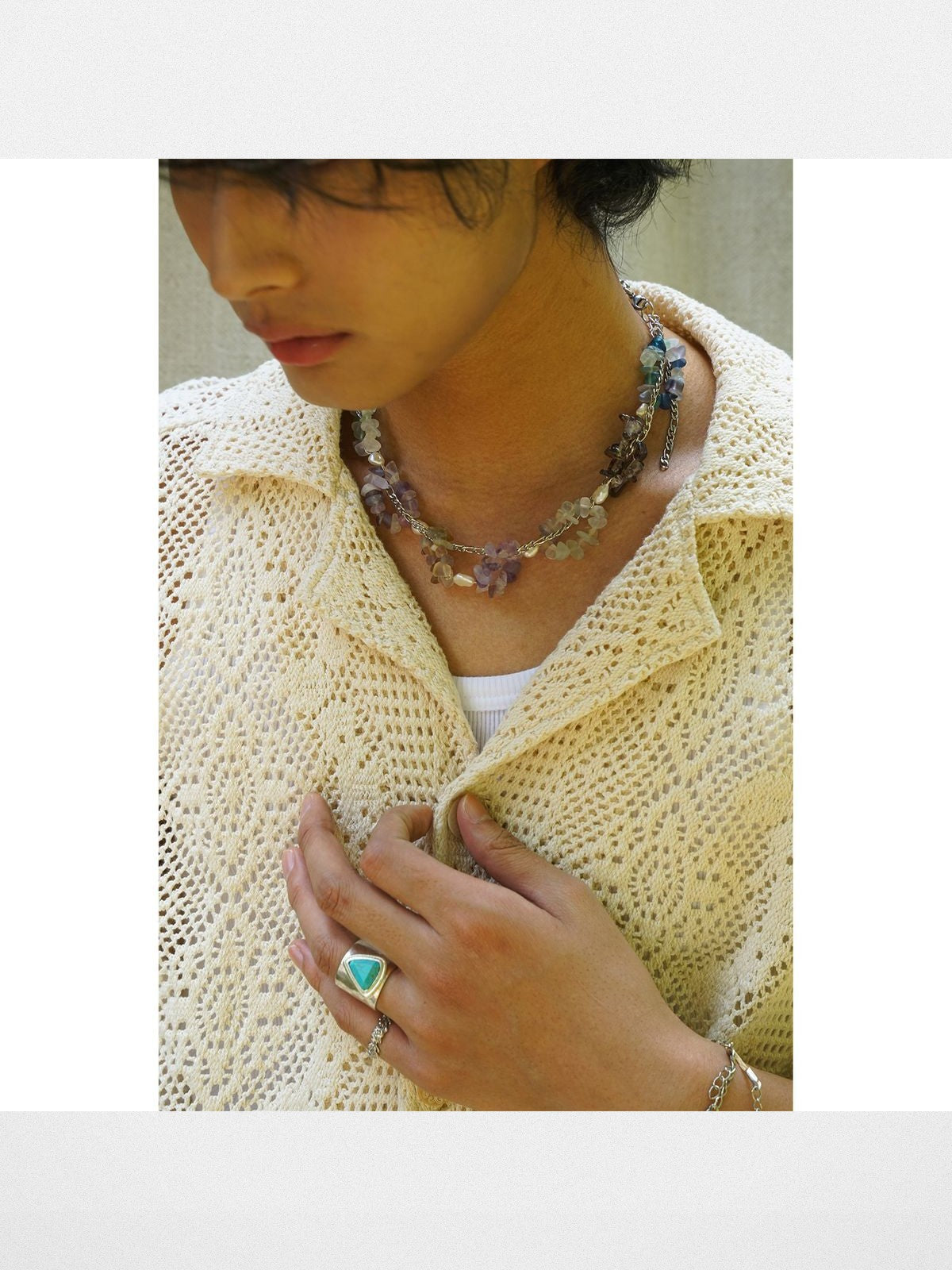 Retro 21 Fringed Lace Knit Cuban Collar Shirt in White - On Female Model