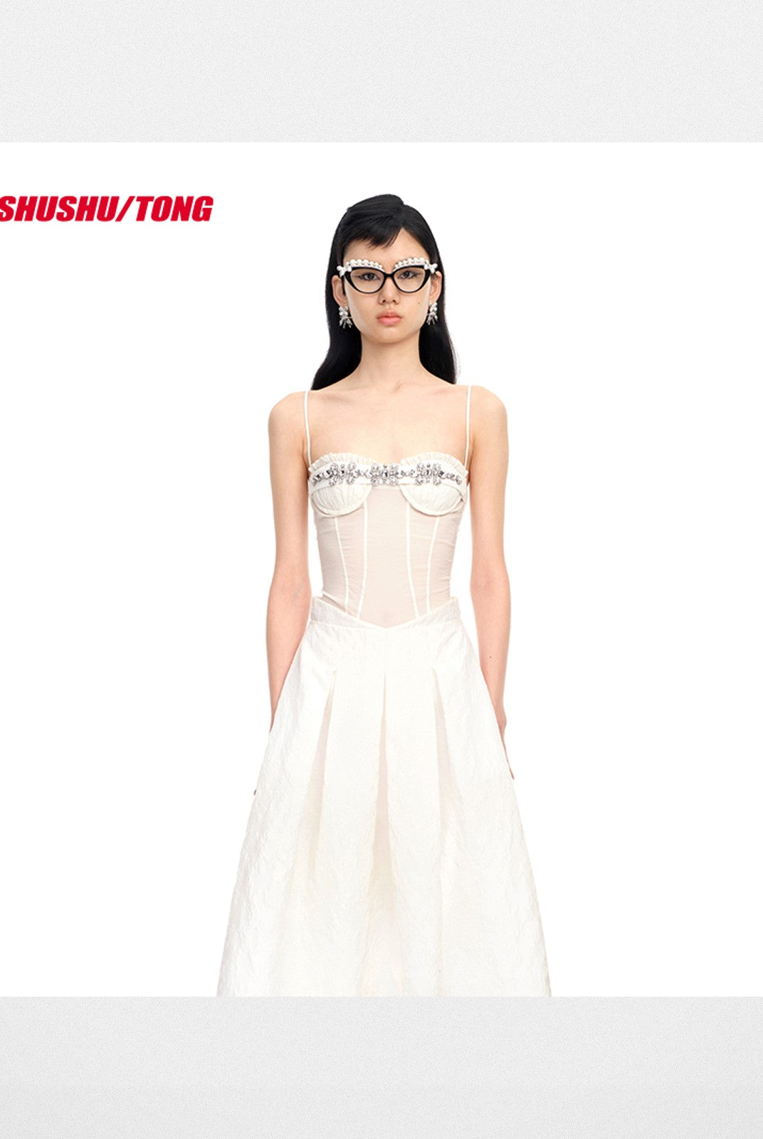 SHUSHUTONG Rhinestone Cami Bodysuit in White - On Model