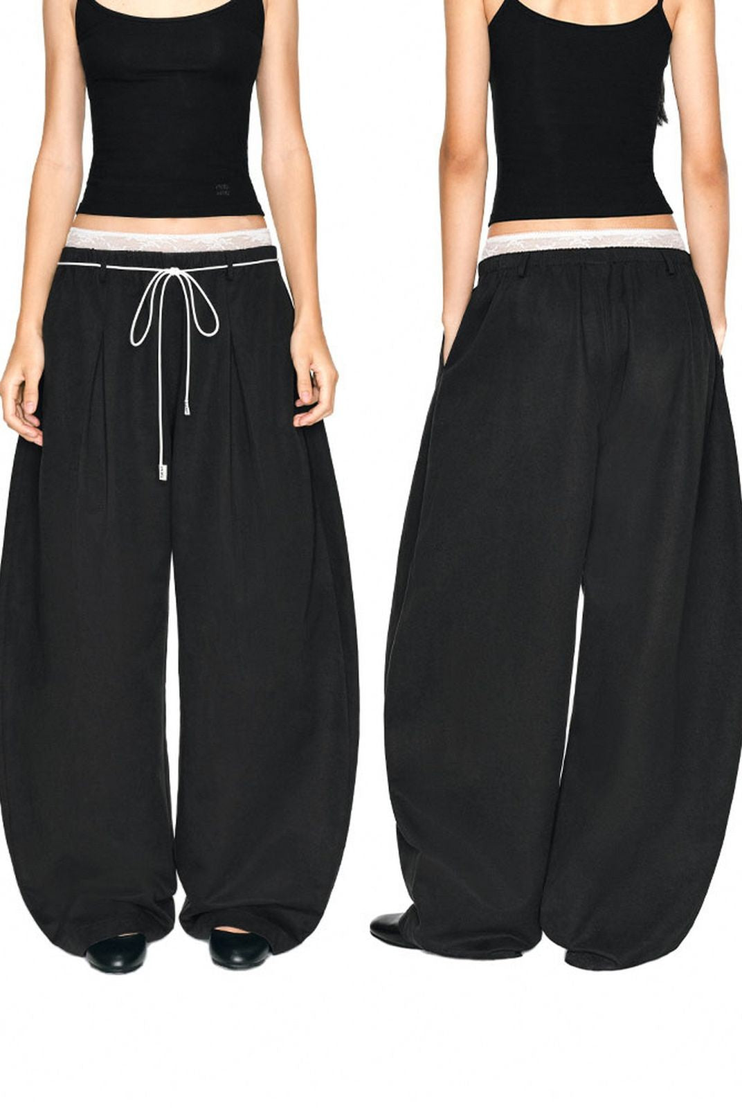 PUKI Lace Waistband Curved Leg Pants in Black - On Model