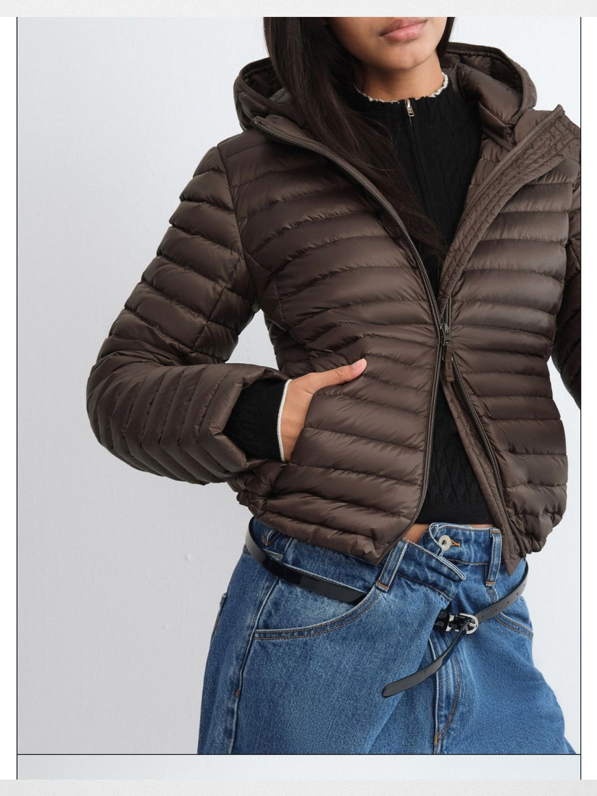 RARELY ALIKE Detachable Hood Down Puffer in Brown - On Model