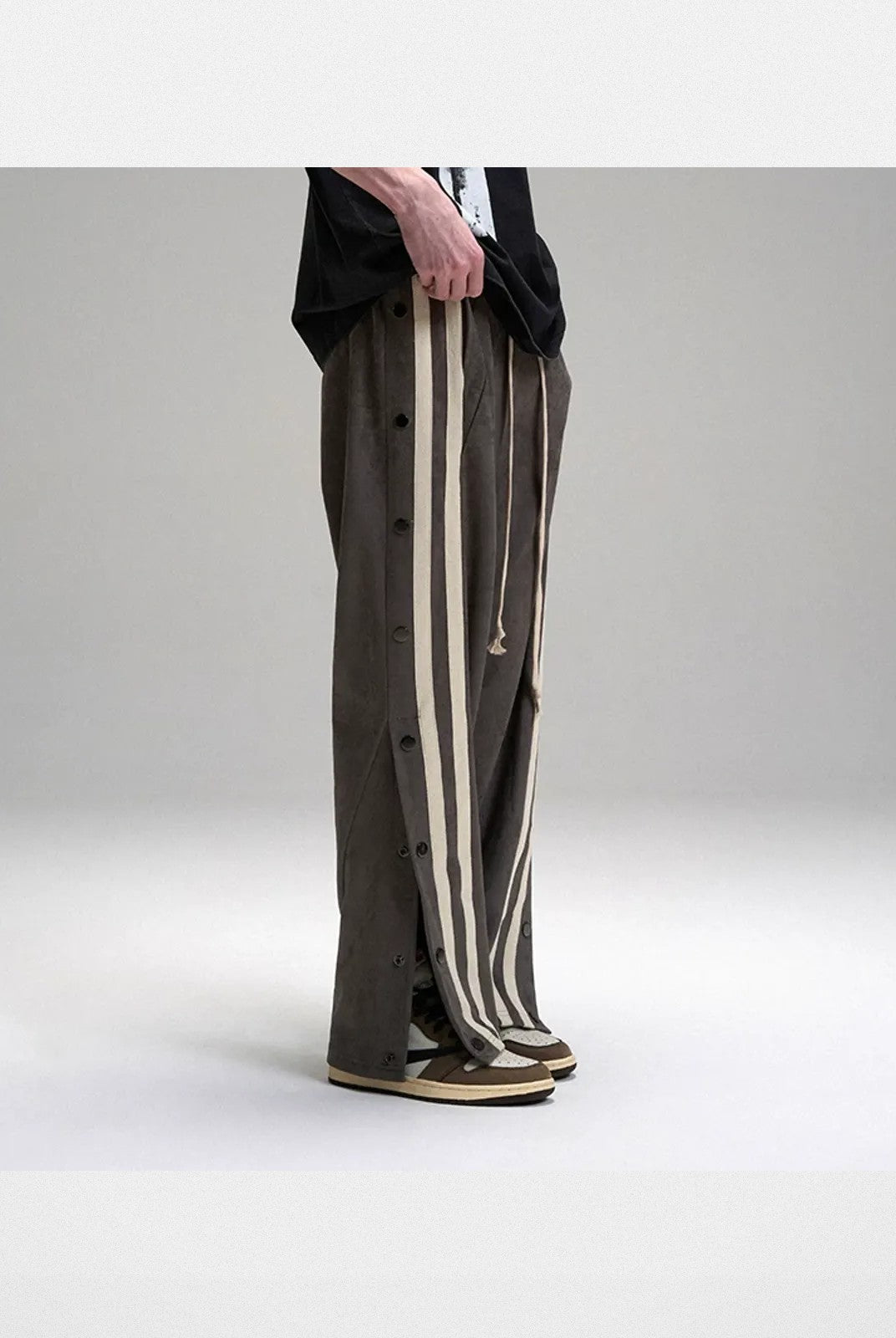 LOSTCTRL Side Snap Suede Track Pants in Beige - On Model