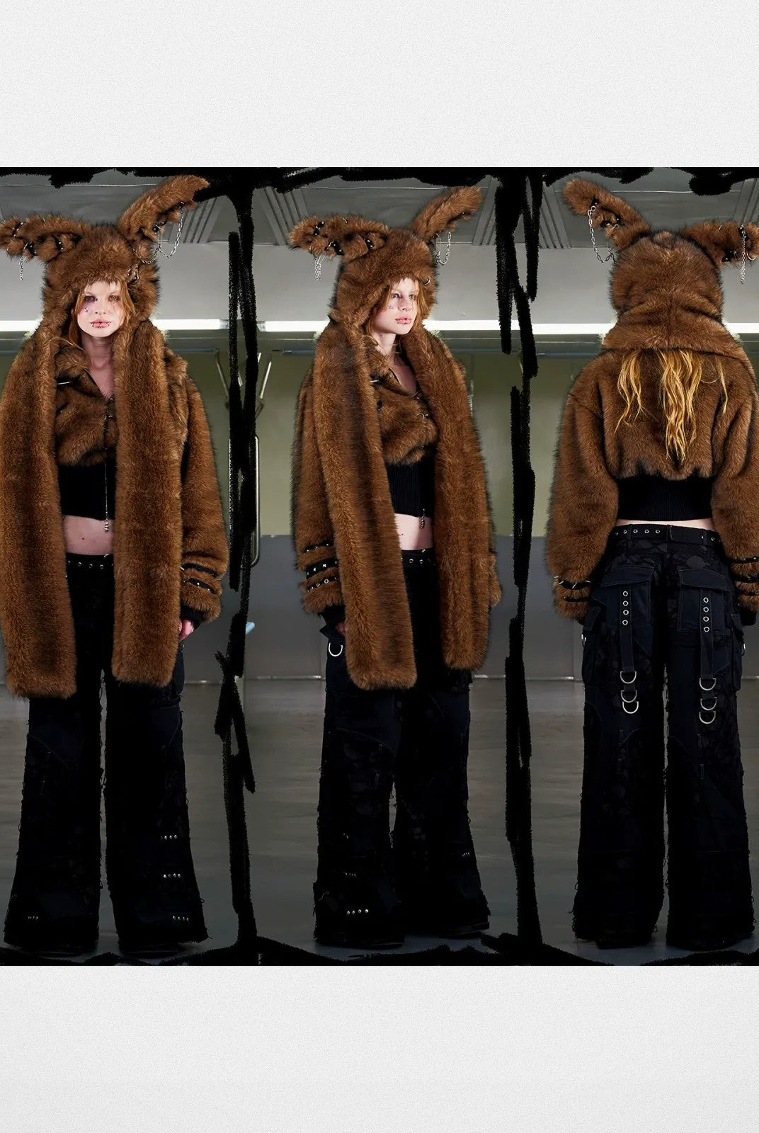 CFIERCE Pierced Faux Fur Bunny Hooded Scarf in Brown - On Model