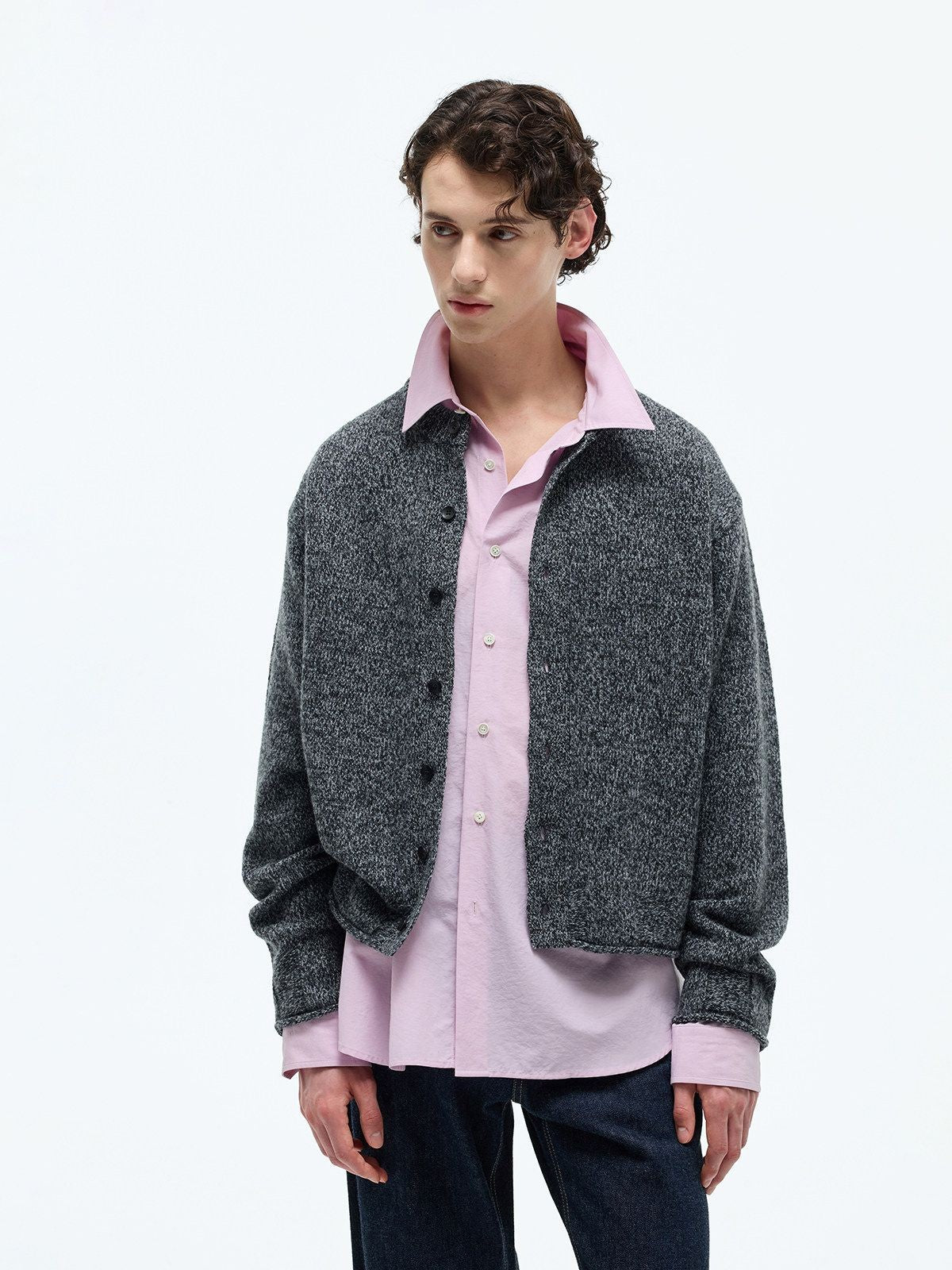 NANS Melange Merino Wool Cardigan in Gray - On Model