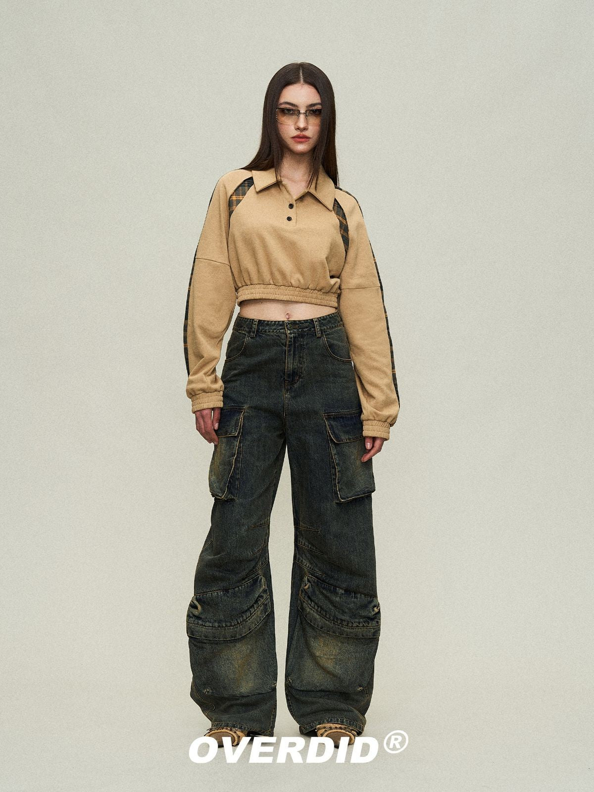 Amee Cropped Plaid Panel Sweatshirt in Mustard - On Model