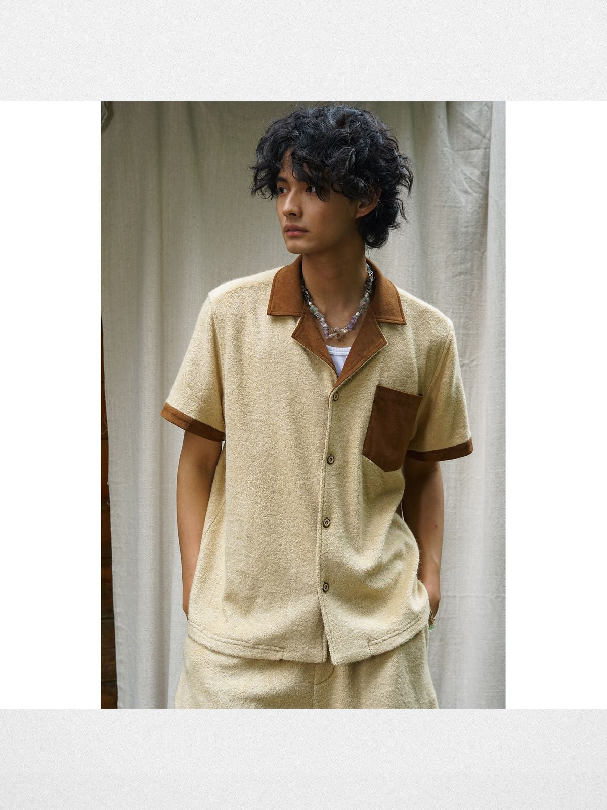 Retro 21 Spliced Wool Blend Knit Shirt in Cream - On Model