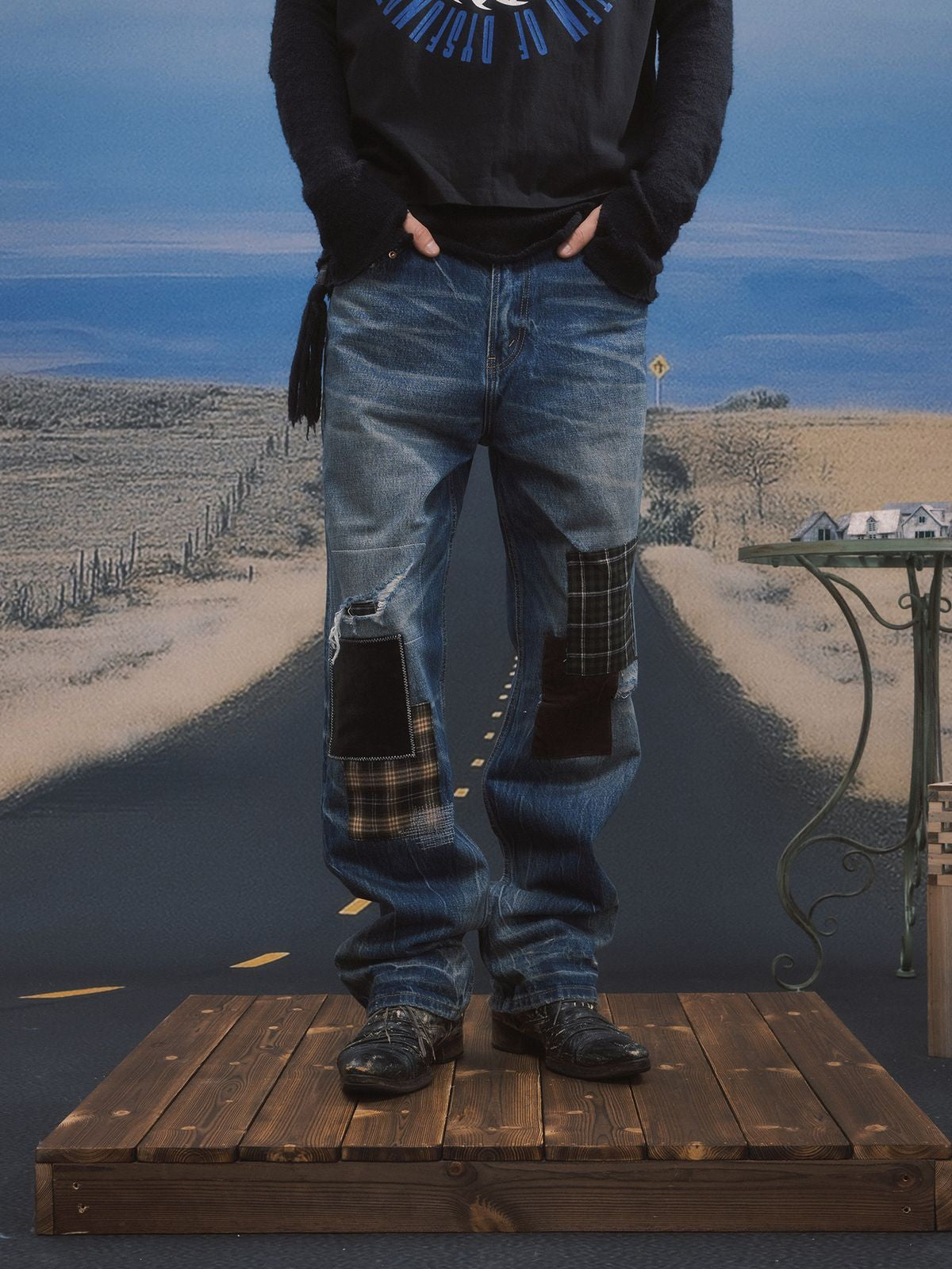 SOD Distressed Patchwork Jeans in Blue - On Model