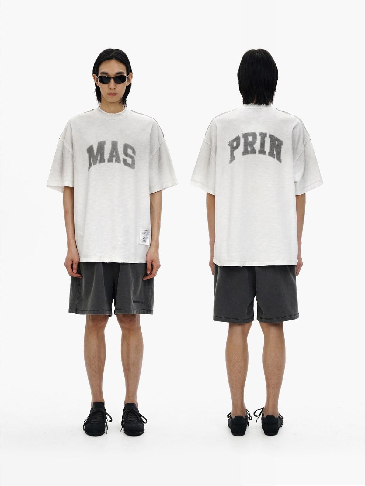 MasonPrince Distressed Washed Cotton Graphic T Shirt in White - On Model