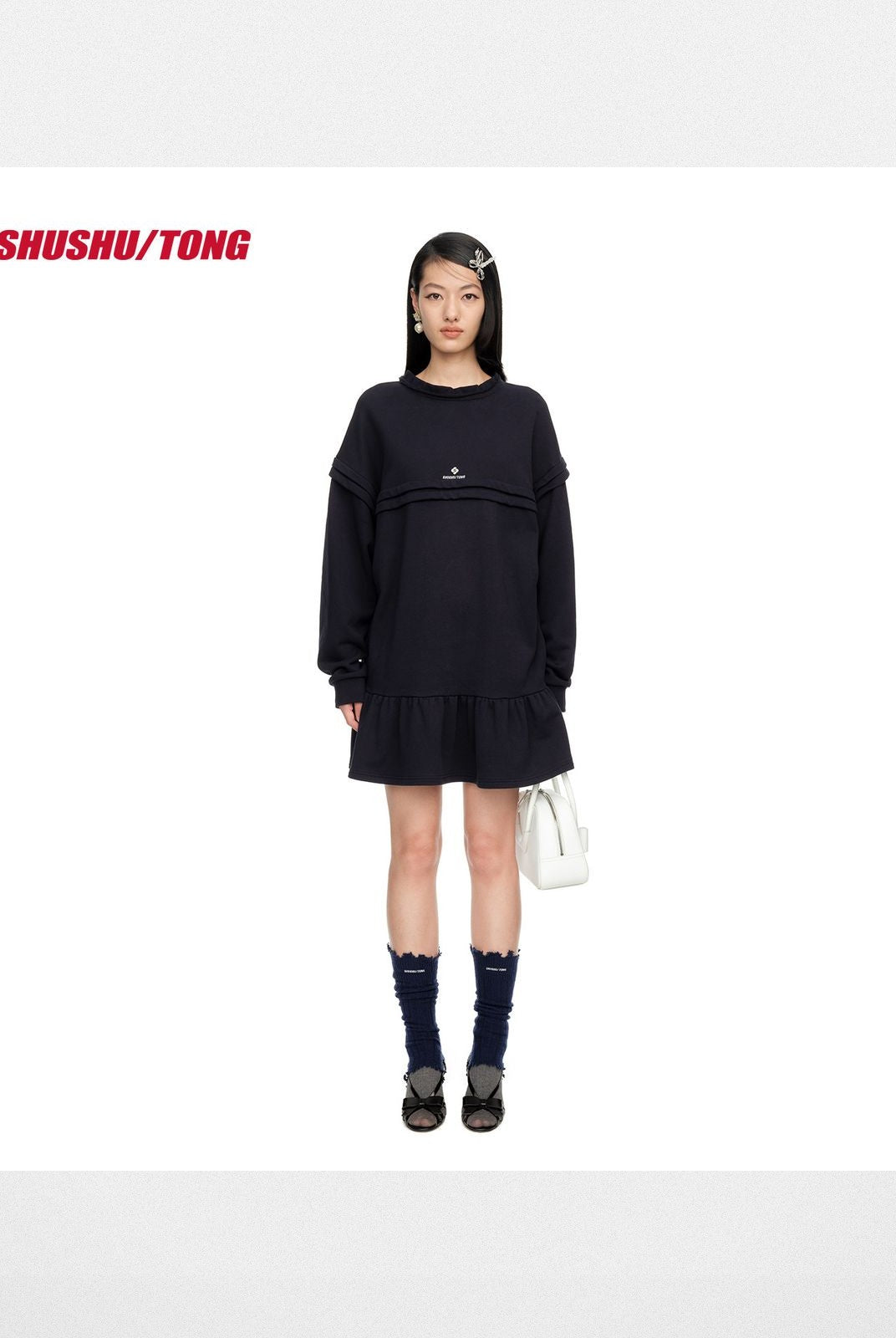 SHUSHUTONG Raw Edge Scalloped Sweatshirt Dress in Navy Blue - On Model