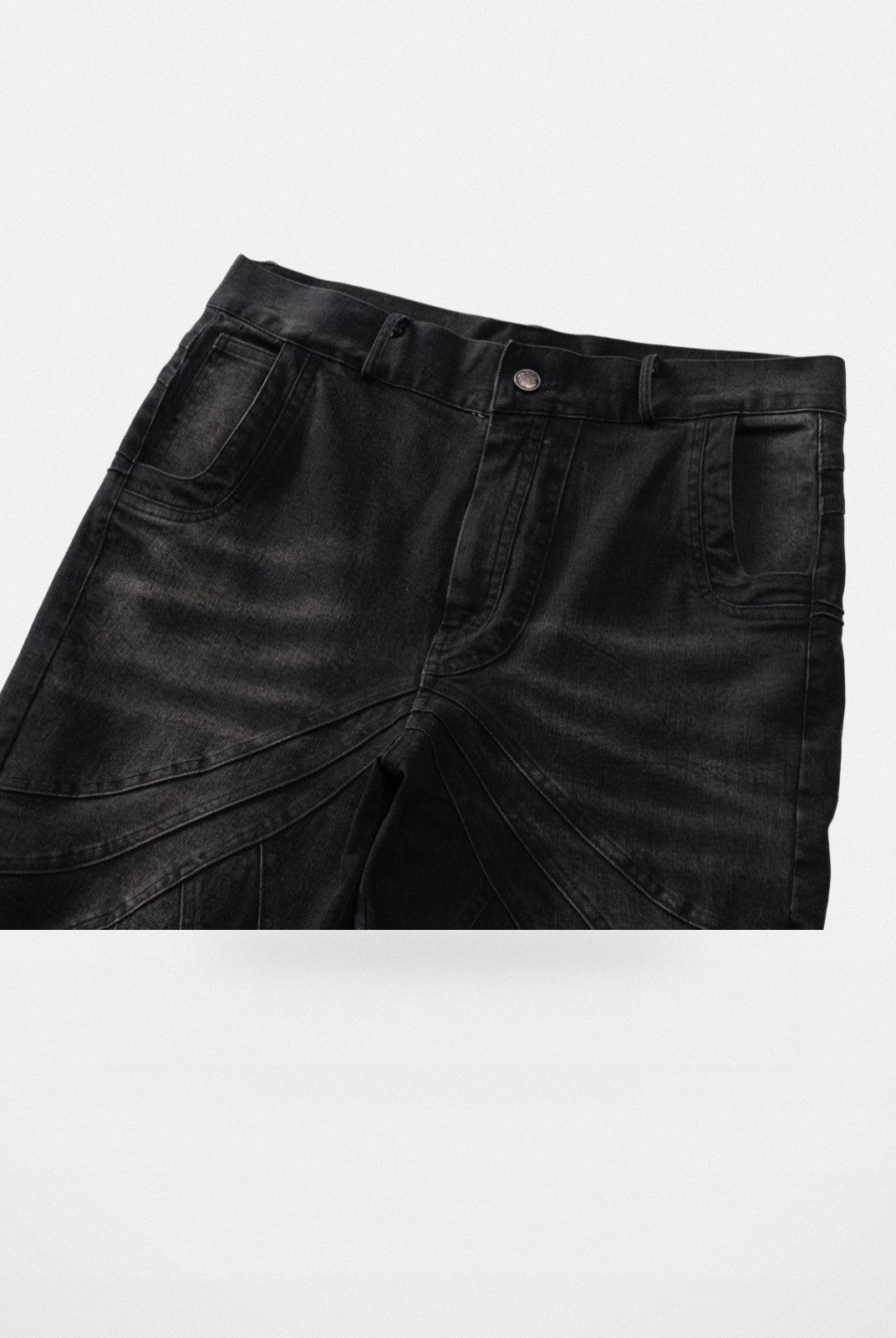 Y OFFICIAL Wavy Paneled Micro Flare Jeans in Black - Detail