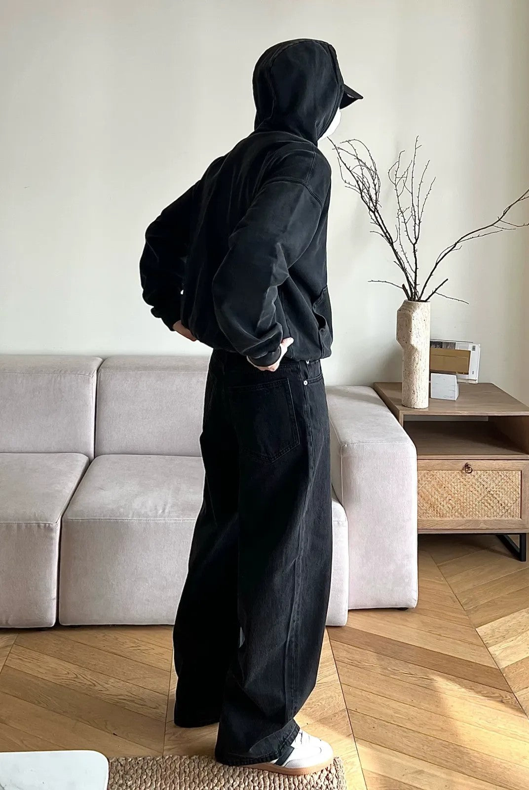 VLABMADE Washed Floor Length Wide Leg Jeans in Black - Lifestyle