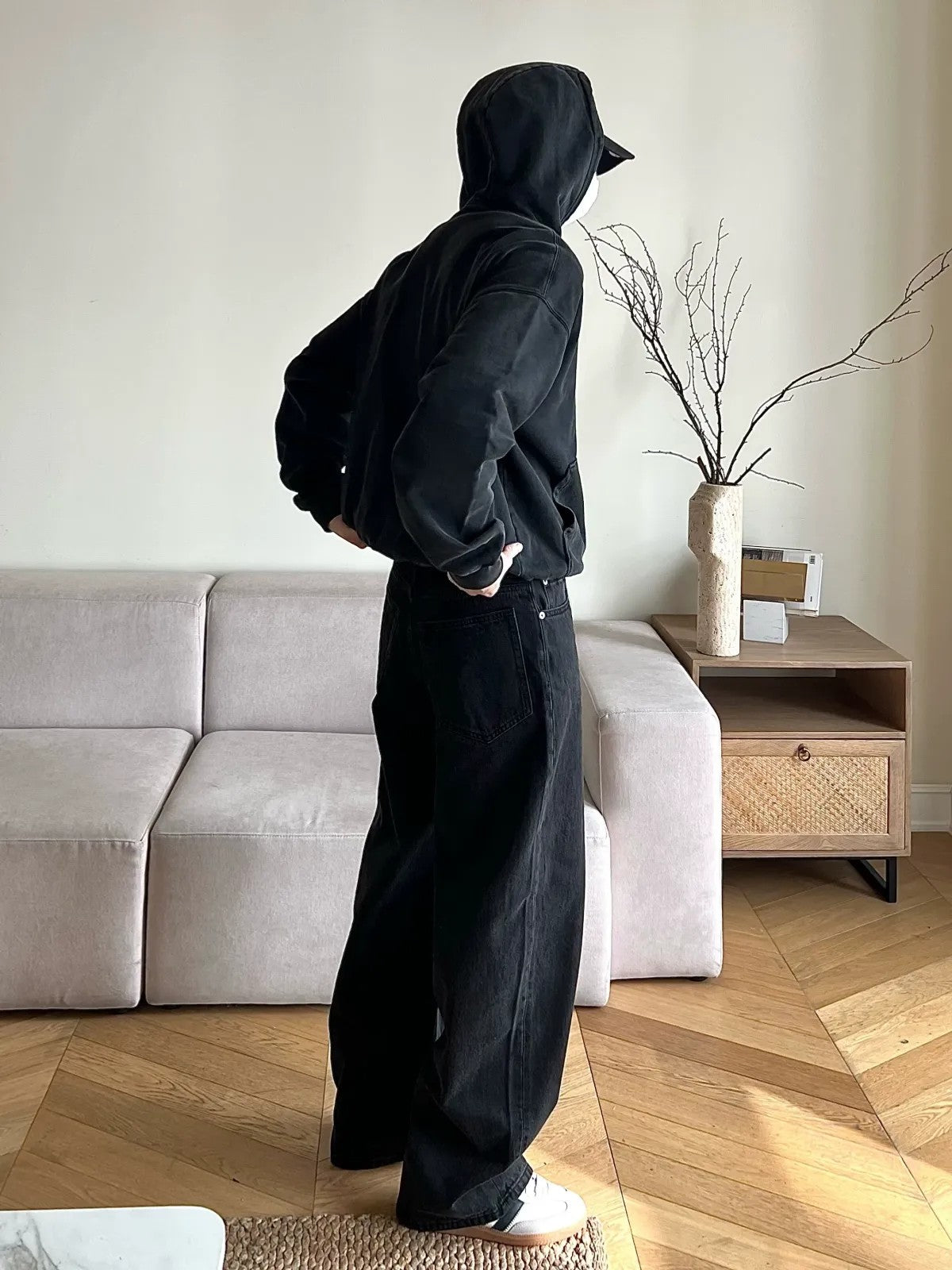 VLABMADE Washed Floor Length Wide Leg Jeans in Black - Lifestyle