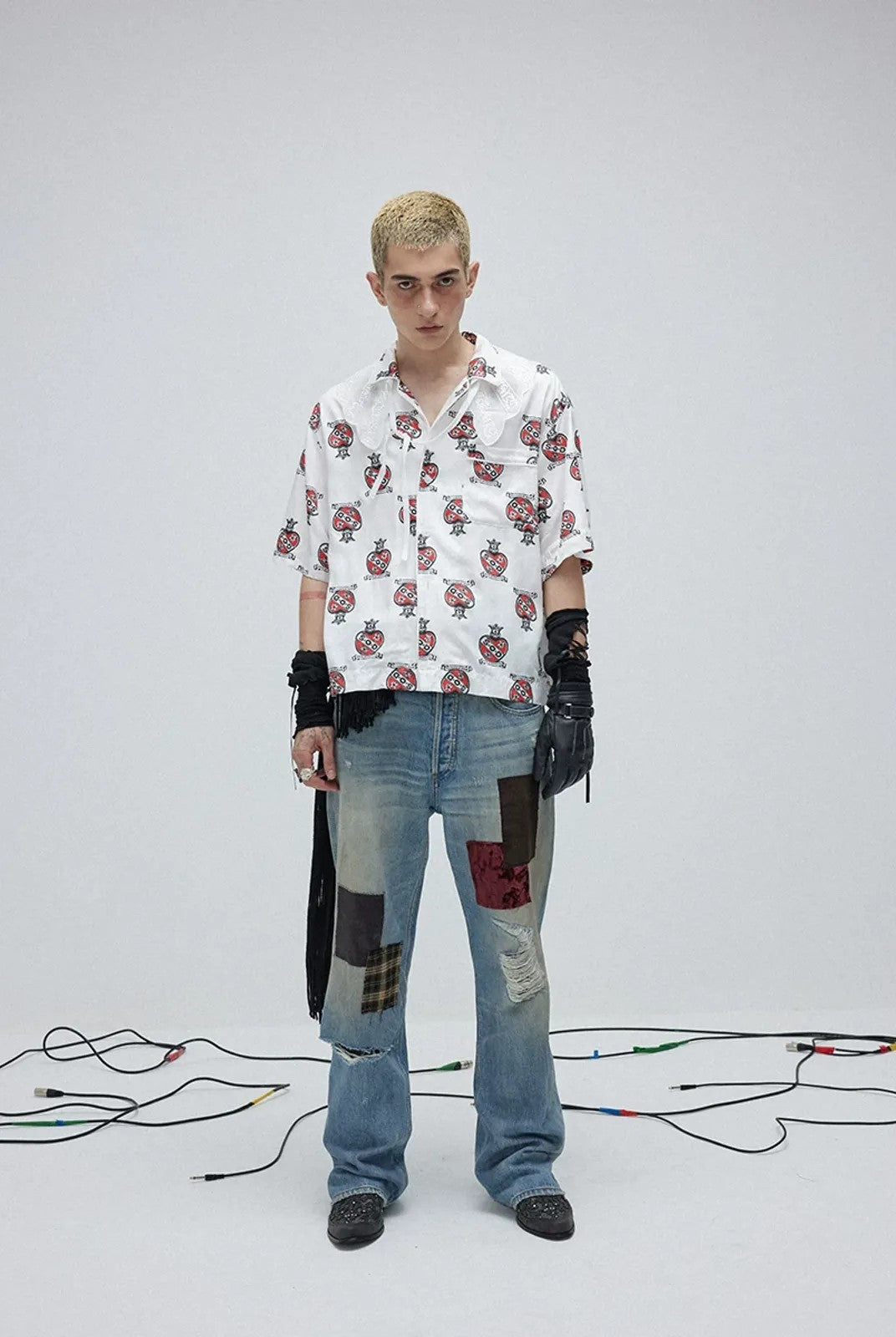 SOD Co. Patchwork Velvet Plaid Flare Jeans in Blue - On Model