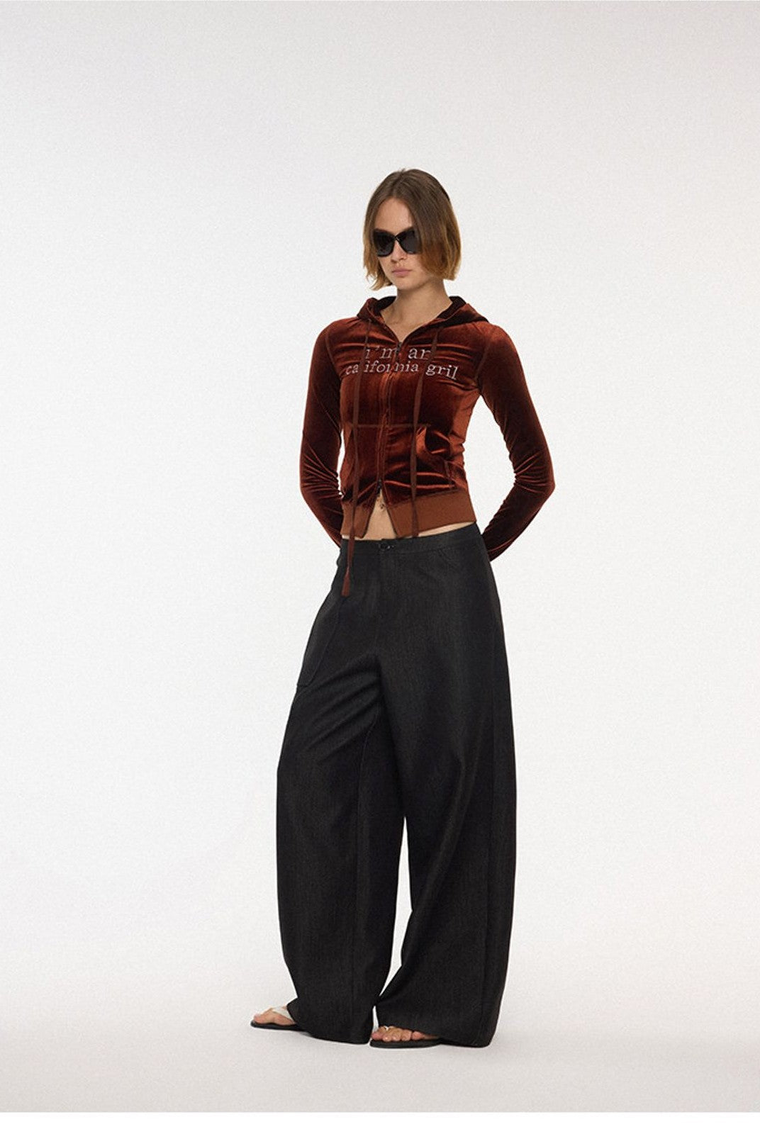 ACSENSE STUDIO Embroidered Velvet Zip Hoodie in Brown - On Model