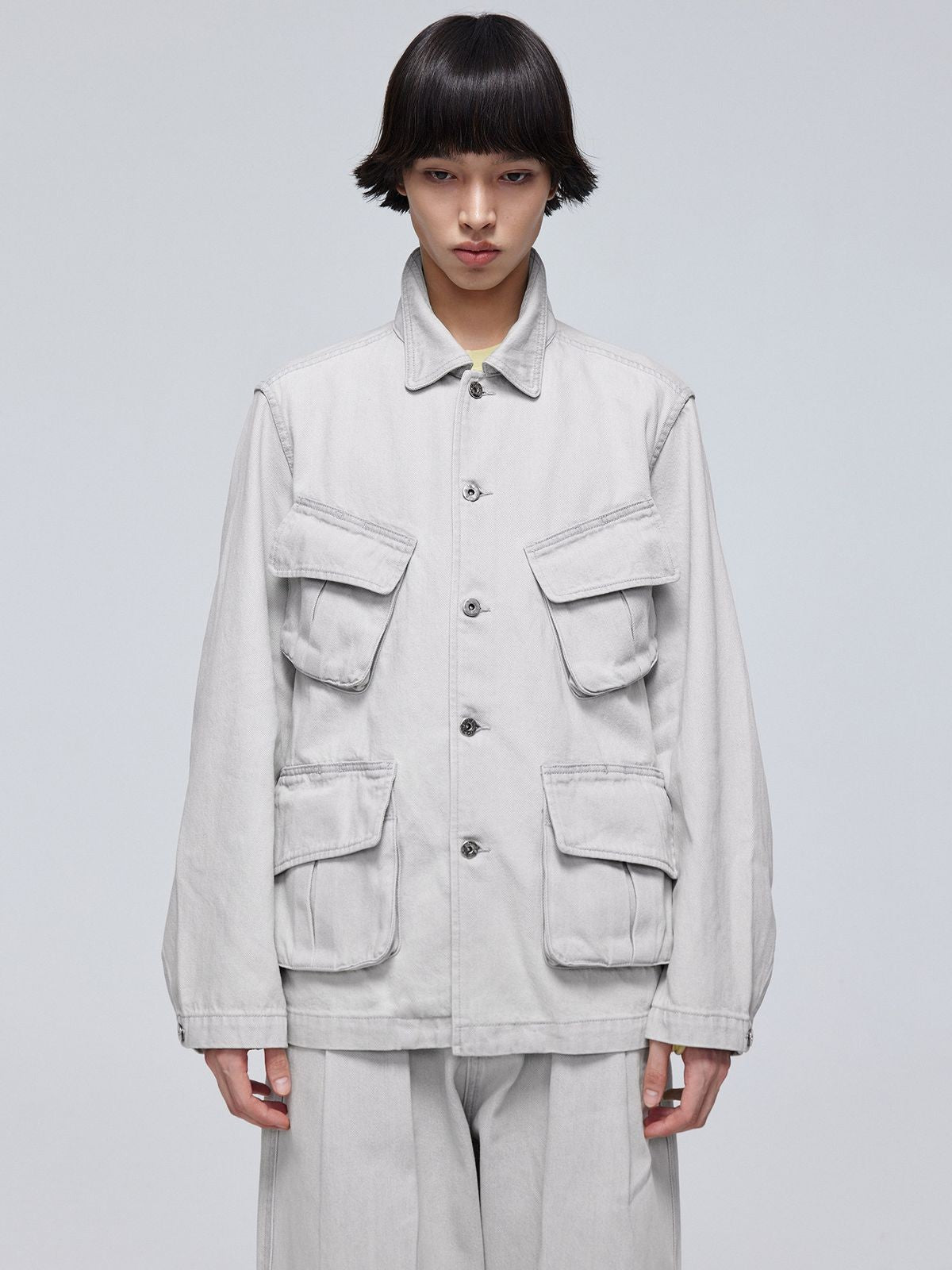 Simple Project Washed Four Pocket Denim Jacket in White - On Male Model