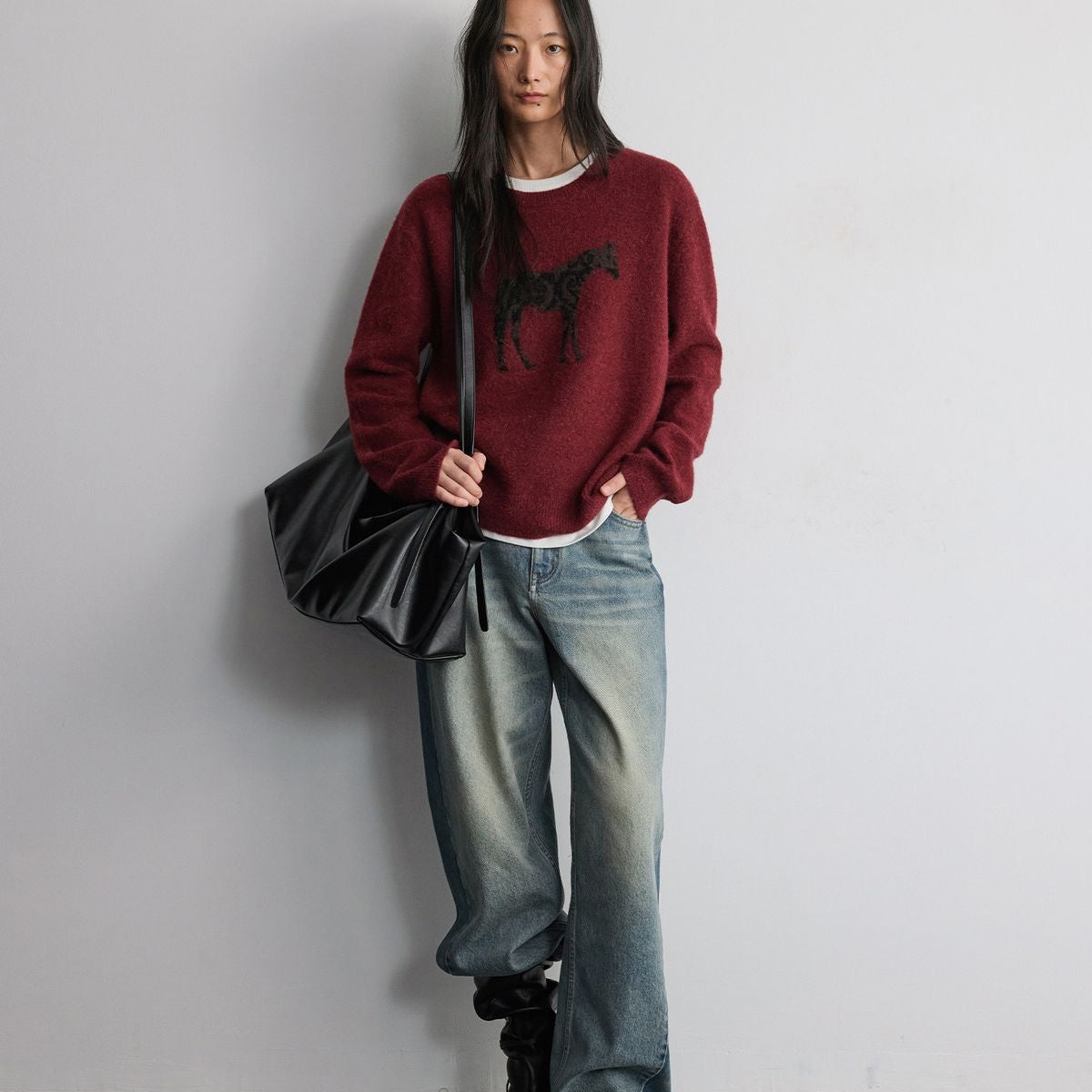 RandomPiece Contrast Panel Loose Jeans in Light Blue - On Model